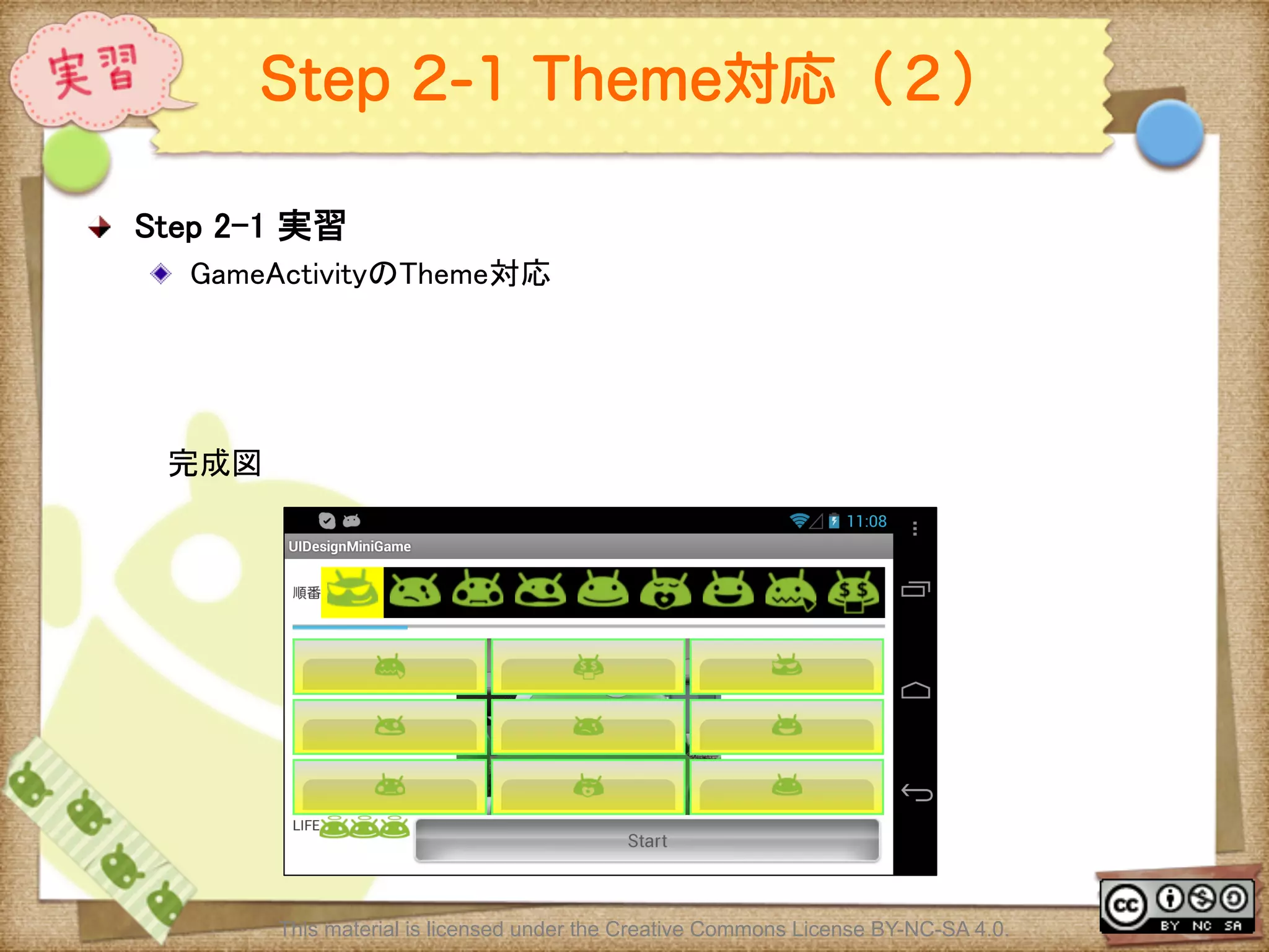 Ⅶ - 238
Step 2-1 Theme対応（２）
! Step 2-1 実習	
! GameActivityのTheme対応	
This material is licensed under the Creative Commons License BY-NC-SA 4.0.
完成図	
 