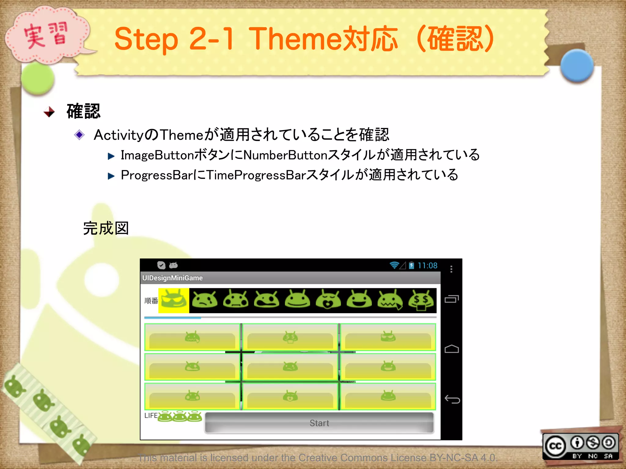 Ⅶ - 242
Step 2-1 Theme対応（確認）
! 確認	
! ActivityのThemeが適用されていることを確認	
! ImageButtonボタンにNumberButtonスタイルが適用されている	
! ProgressBarにTimeProgressBarスタイルが適用されている	
This material is licensed under the Creative Commons License BY-NC-SA 4.0.
完成図	
 