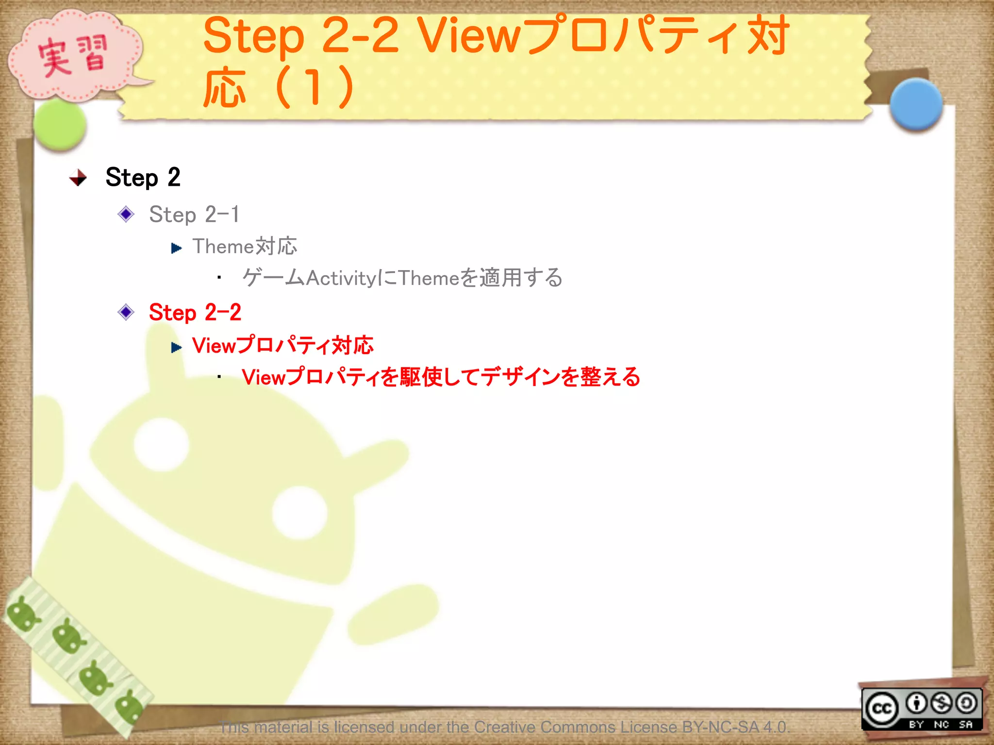Ⅶ - 243
Step 2-2 Viewプロパティ対
応（１）
! Step 2	
! Step 2-1	
! Theme対応	
•  ゲームActivityにThemeを適用する	
! Step 2-2 	
! Viewプロパティ対応	
•  Viewプロパティを駆使してデザインを整える	
This material is licensed under the Creative Commons License BY-NC-SA 4.0.
 