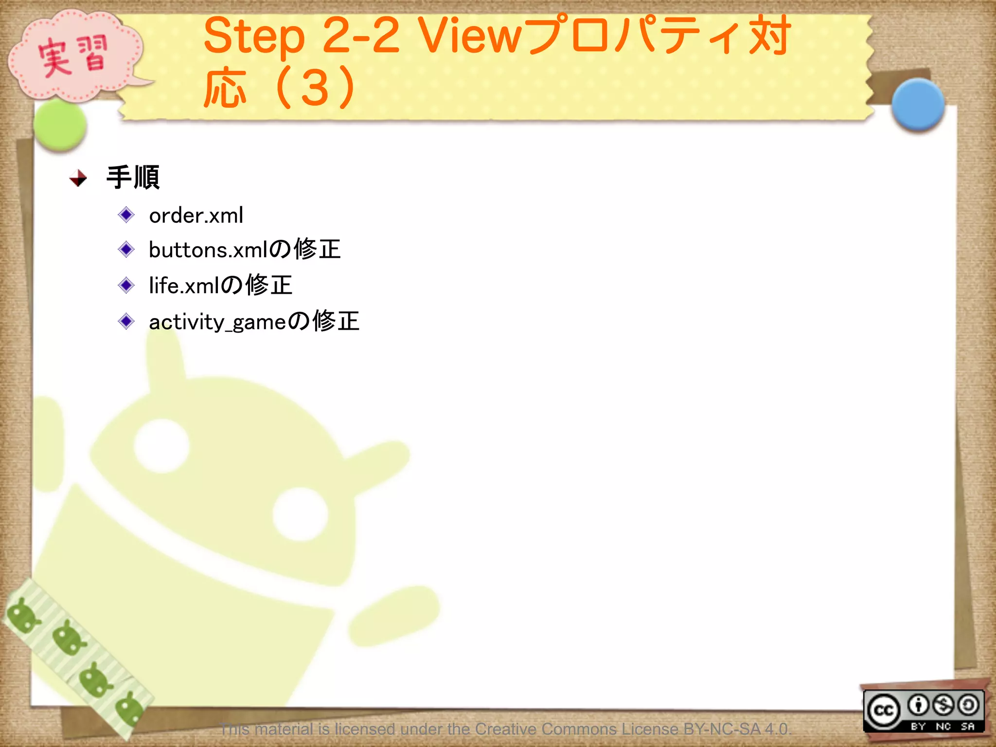 Ⅶ - 245
Step 2-2 Viewプロパティ対
応（３）
! 手順	
! order.xml	
! buttons.xmlの修正	
! life.xmlの修正	
! activity_gameの修正	
This material is licensed under the Creative Commons License BY-NC-SA 4.0.
 