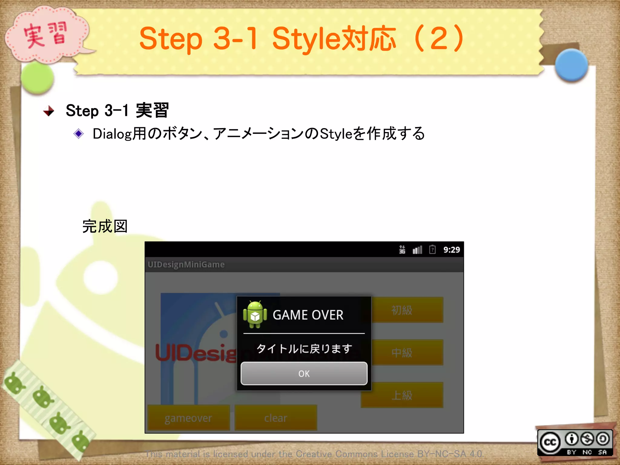 Ⅶ - 251
Step 3-1 Style対応（２）
! Step 3-1 実習	
! Dialog用のボタン、アニメーションのStyleを作成する	
This material is licensed under the Creative Commons License BY-NC-SA 4.0. 	
完成図	
 