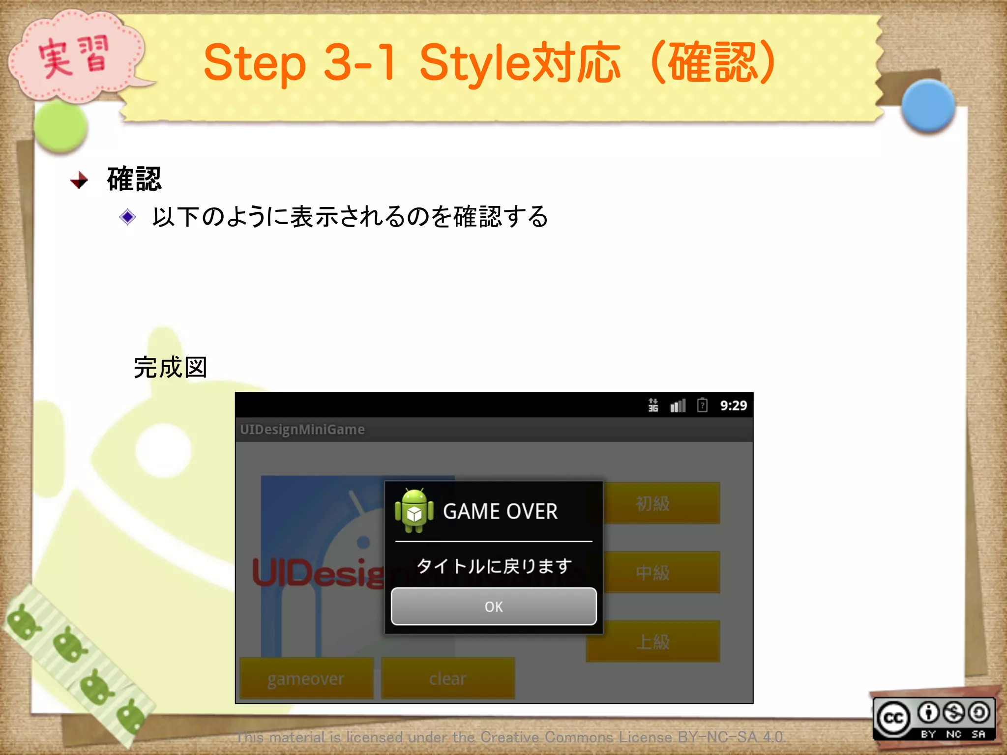 Ⅶ - 255
Step 3-1 Style対応（確認）
! 確認	
! 以下のように表示されるのを確認する	
This material is licensed under the Creative Commons License BY-NC-SA 4.0. 	
完成図	
 