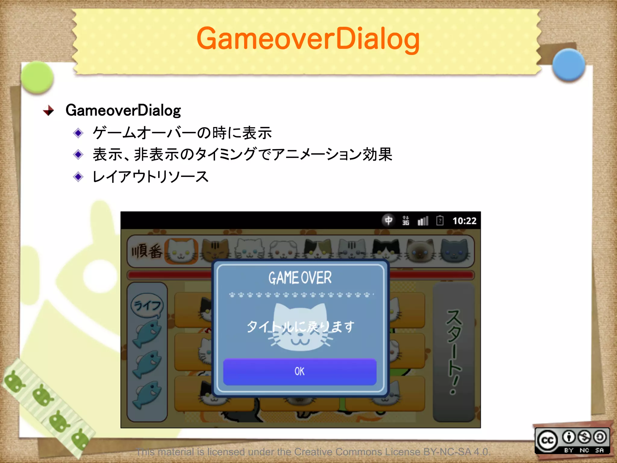 Ⅶ - 282
GameoverDialog
! GameoverDialog	
! ゲームオーバーの時に表示	
! 表示、非表示のタイミングでアニメーション効果	
! レイアウトリソース	
This material is licensed under the Creative Commons License BY-NC-SA 4.0.
 