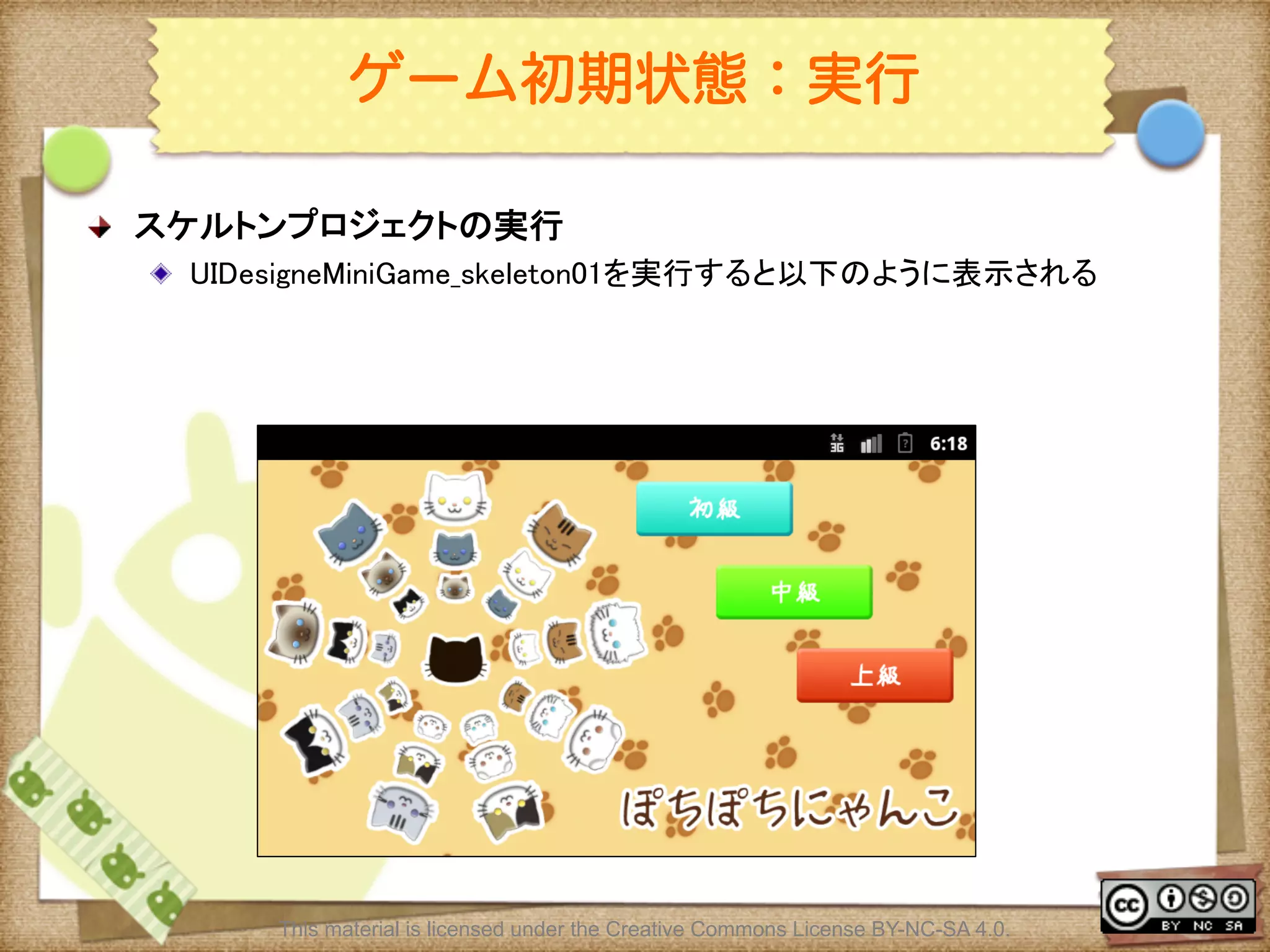 Ⅶ - 286
ゲーム初期状態：実行
! スケルトンプロジェクトの実行	
! UIDesigneMiniGame_skeleton01を実行すると以下のように表示される	
This material is licensed under the Creative Commons License BY-NC-SA 4.0.
 