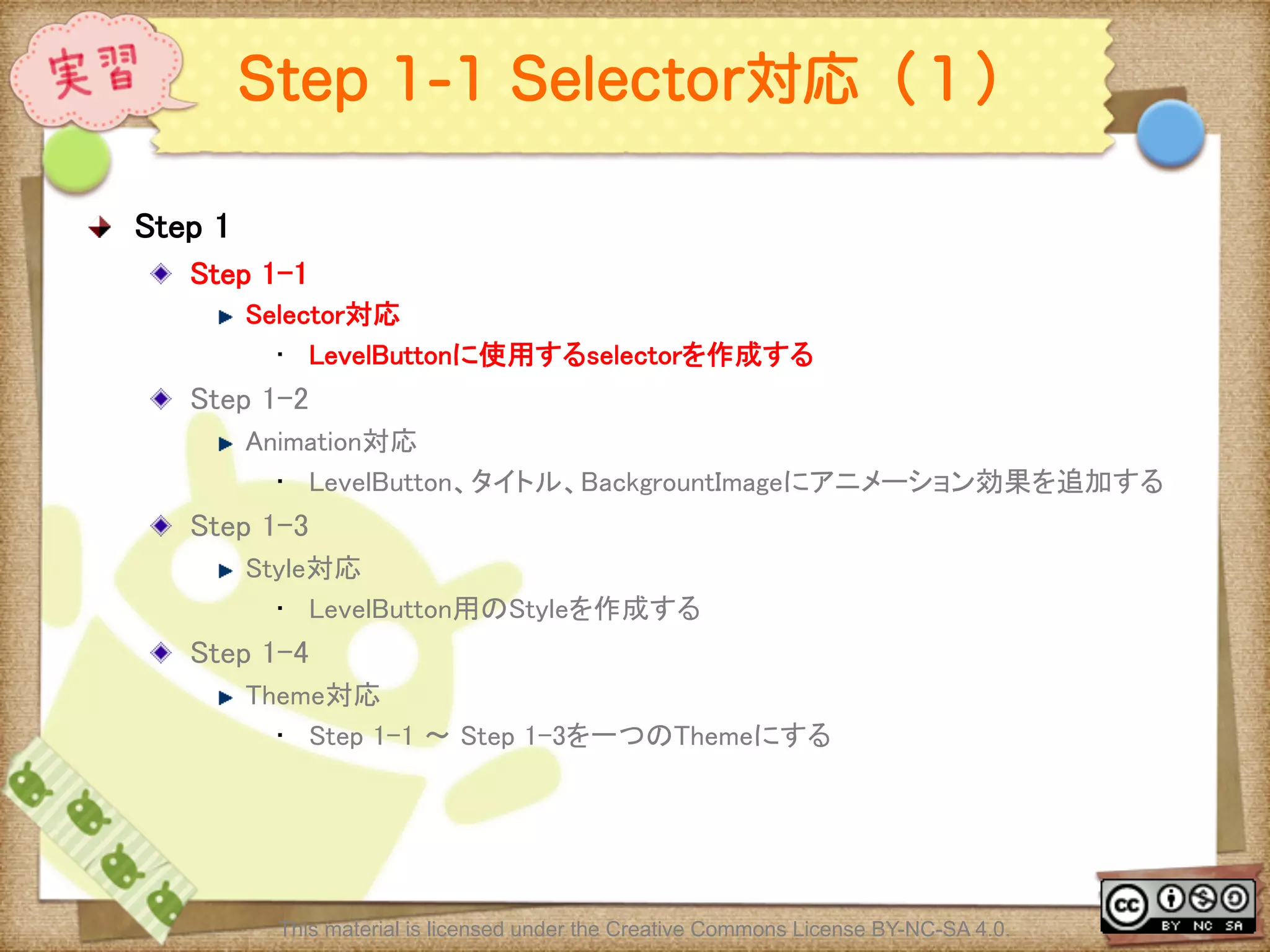 Ⅶ - 291
Step 1-1 Selector対応（１）
! Step 1	
! Step 1-1 	
! Selector対応	
•  LevelButtonに使用するselectorを作成する	
! Step 1-2 	
! Animation対応	
•  LevelButton、タイトル、BackgrountImageにアニメーション効果を追加する	
! Step 1-3 	
! Style対応	
•  LevelButton用のStyleを作成する	
! Step 1-4 	
! Theme対応	
•  Step 1-1 〜 Step 1-3を一つのThemeにする	
This material is licensed under the Creative Commons License BY-NC-SA 4.0.
 