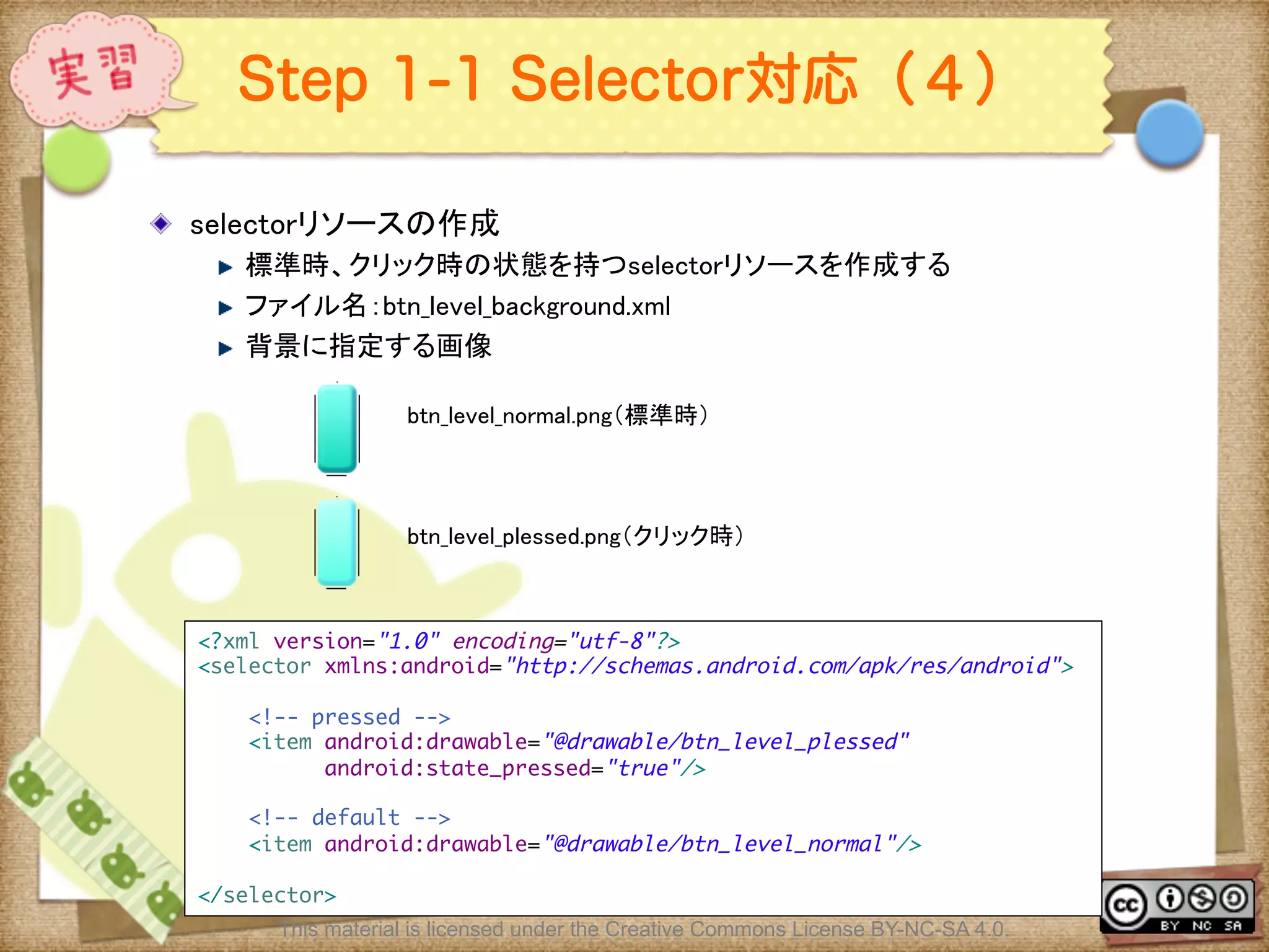 Ⅶ - 294
Step 1-1 Selector対応（４）
! selectorリソースの作成	
! 標準時、クリック時の状態を持つselectorリソースを作成する	
! ファイル名：btn_level_background.xml	
! 背景に指定する画像	
This material is licensed under the Creative Commons License BY-NC-SA 4.0.
btn_level_normal.png（標準時）	
btn_level_plessed.png（クリック時）	
<?xml version="1.0" encoding="utf-8"?>	
<selector xmlns:android="http://schemas.android.com/apk/res/android">	
	
<!-- pressed -->	
<item android:drawable="@drawable/btn_level_plessed"	
android:state_pressed="true"/>	
	
<!-- default -->	
<item android:drawable="@drawable/btn_level_normal"/>	
	
</selector>	
 