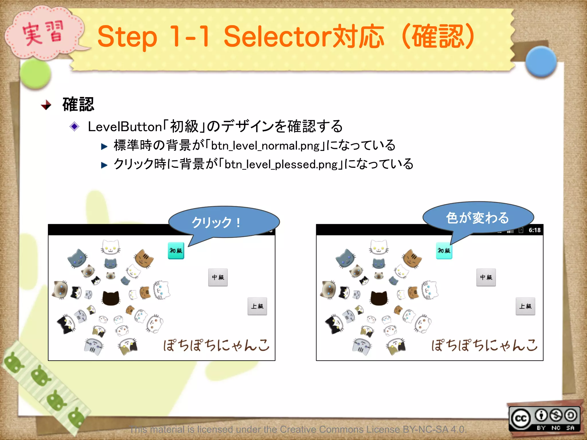 Ⅶ - 296
Step 1-1 Selector対応（確認）
! 確認	
! LevelButton「初級」のデザインを確認する	
! 標準時の背景が「btn_level_normal.png」になっている	
! クリック時に背景が「btn_level_plessed.png」になっている	
	
This material is licensed under the Creative Commons License BY-NC-SA 4.0.
クリック！	
 色が変わる	
 