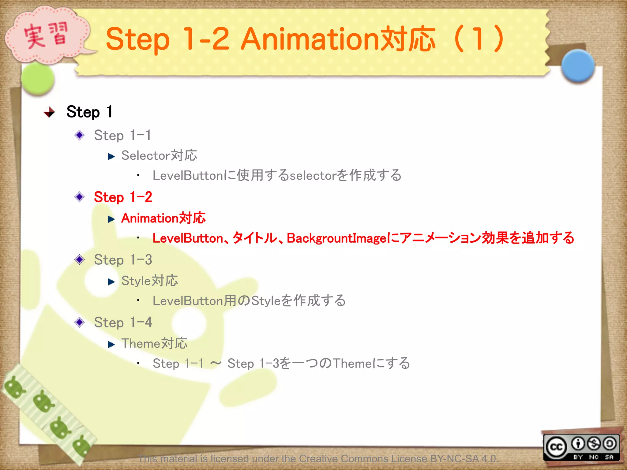 Ⅶ - 297
Step 1-2 Animation対応（１）
! Step 1	
! Step 1-1 	
! Selector対応	
•  LevelButtonに使用するselectorを作成する	
! Step 1-2 	
! Animation対応	
•  LevelButton、タイトル、BackgrountImageにアニメーション効果を追加する	
! Step 1-3 	
! Style対応	
•  LevelButton用のStyleを作成する	
! Step 1-4 	
! Theme対応	
•  Step 1-1 〜 Step 1-3を一つのThemeにする	
This material is licensed under the Creative Commons License BY-NC-SA 4.0.
 