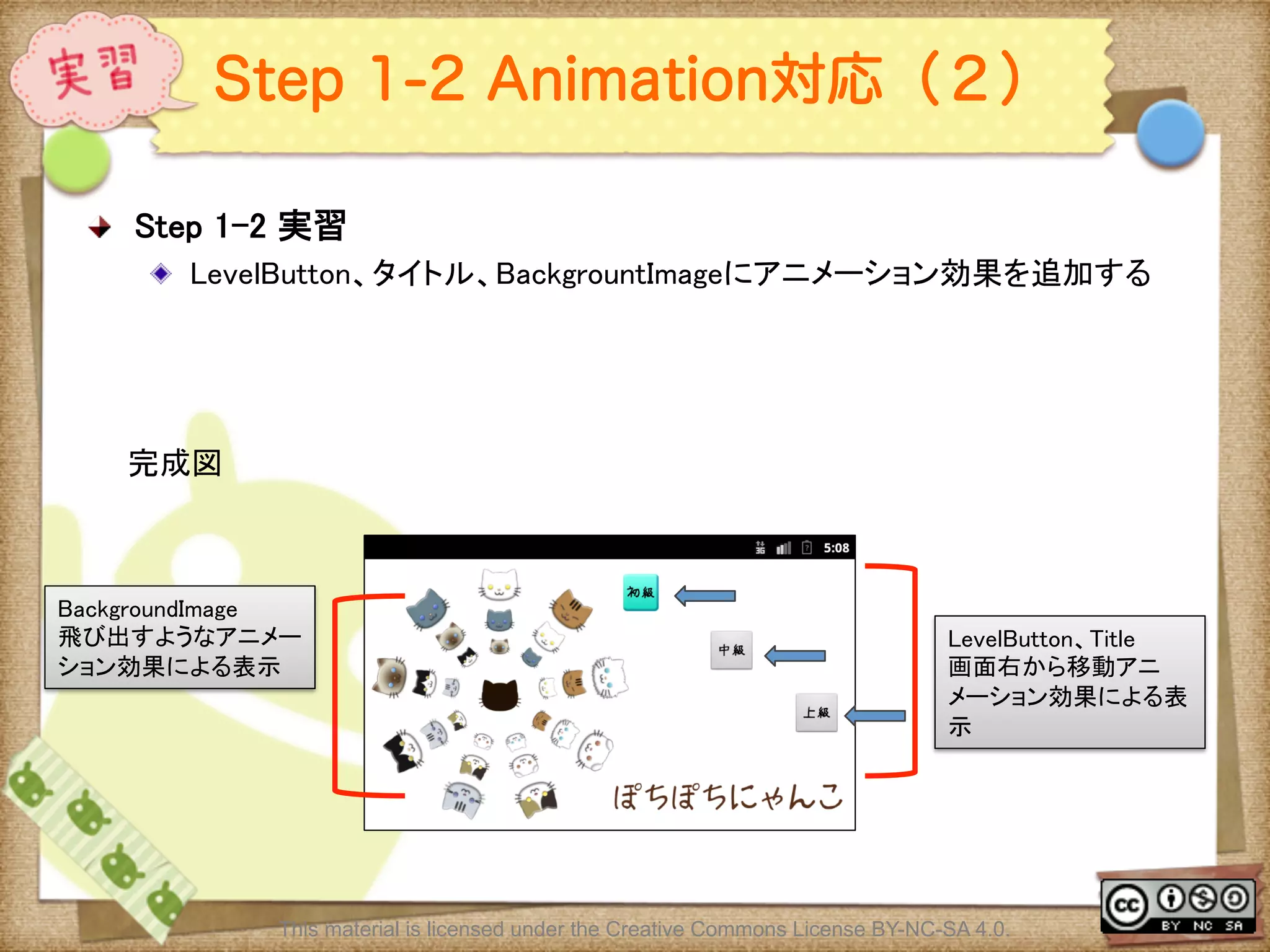 Ⅶ - 298
Step 1-2 Animation対応（２）
! Step 1-2 実習	
! LevelButton、タイトル、BackgrountImageにアニメーション効果を追加する	
	
This material is licensed under the Creative Commons License BY-NC-SA 4.0.
完成図	
LevelButton、Title	
画面右から移動アニ
メーション効果による表
示	
BackgroundImage	
飛び出すようなアニメー
ション効果による表示	
 