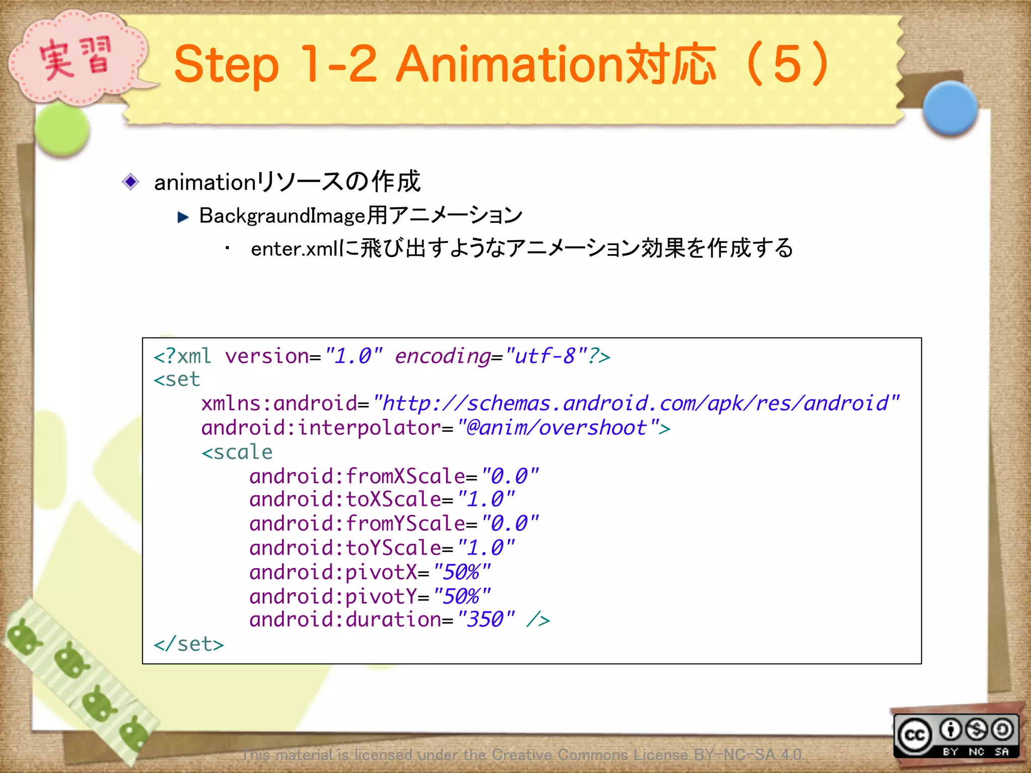 Ⅶ - 301
Step 1-2 Animation対応（５）
! animationリソースの作成	
! BackgraundImage用アニメーション	
•  enter.xmlに飛び出すようなアニメーション効果を作成する	
This material is licensed under the Creative Commons License BY-NC-SA 4.0. 	
<?xml version="1.0" encoding="utf-8"?>	
<set	
xmlns:android="http://schemas.android.com/apk/res/android"	
android:interpolator="@anim/overshoot">	
<scale	
android:fromXScale="0.0"	
android:toXScale="1.0"	
android:fromYScale="0.0"	
android:toYScale="1.0"	
android:pivotX="50%"	
android:pivotY="50%"	
android:duration="350" />	
</set>	
 