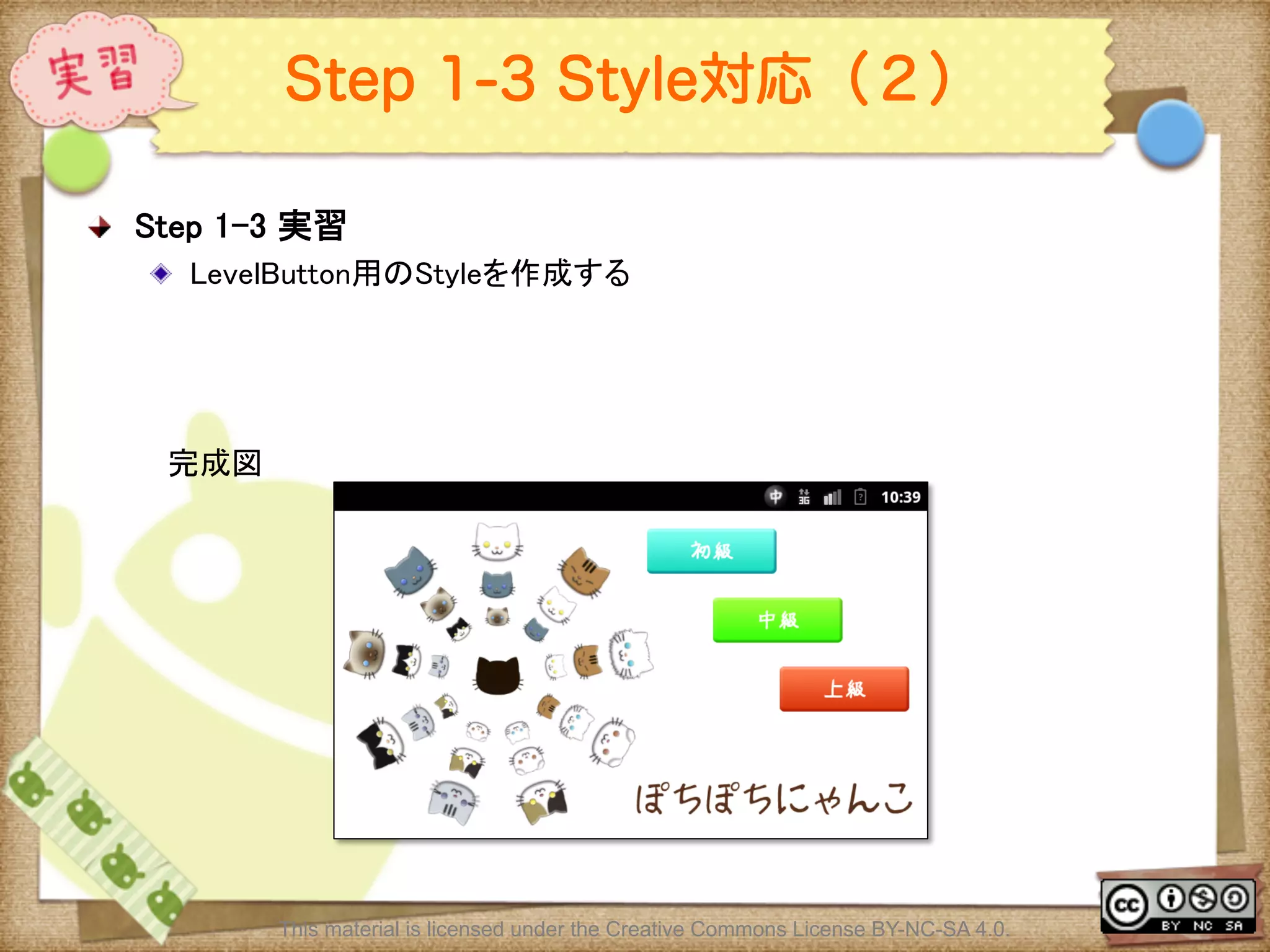 Ⅶ - 304
Step 1-3 Style対応（２）
! Step 1-3 実習	
! LevelButton用のStyleを作成する	
	
This material is licensed under the Creative Commons License BY-NC-SA 4.0.
完成図	
 