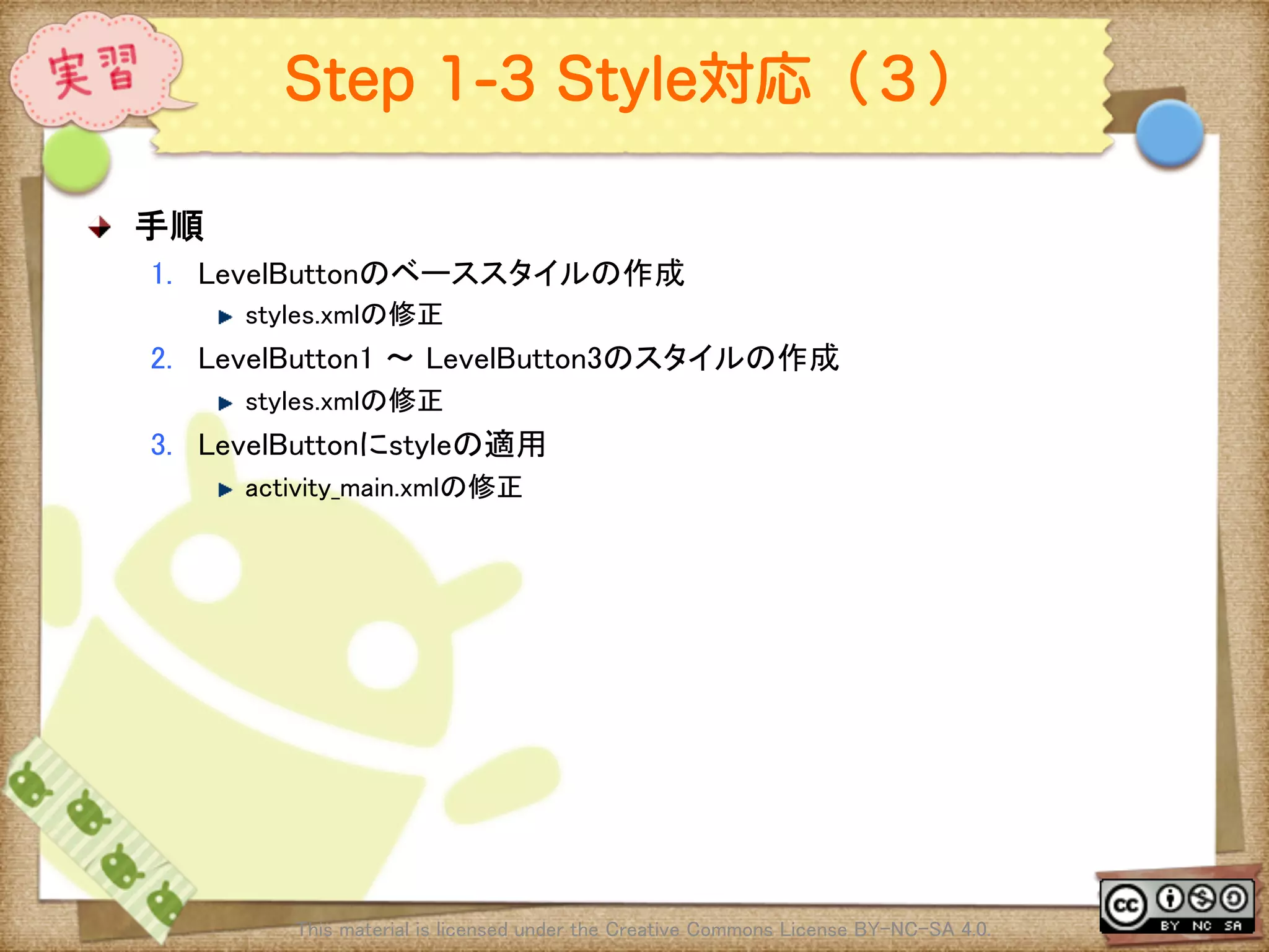 Ⅶ - 305
Step 1-3 Style対応（３）
! 手順	
1.  LevelButtonのベーススタイルの作成	
! styles.xmlの修正	
2.  LevelButton1 〜 LevelButton3のスタイルの作成	
! styles.xmlの修正	
3.  LevelButtonにstyleの適用	
! activity_main.xmlの修正	
This material is licensed under the Creative Commons License BY-NC-SA 4.0. 	
 