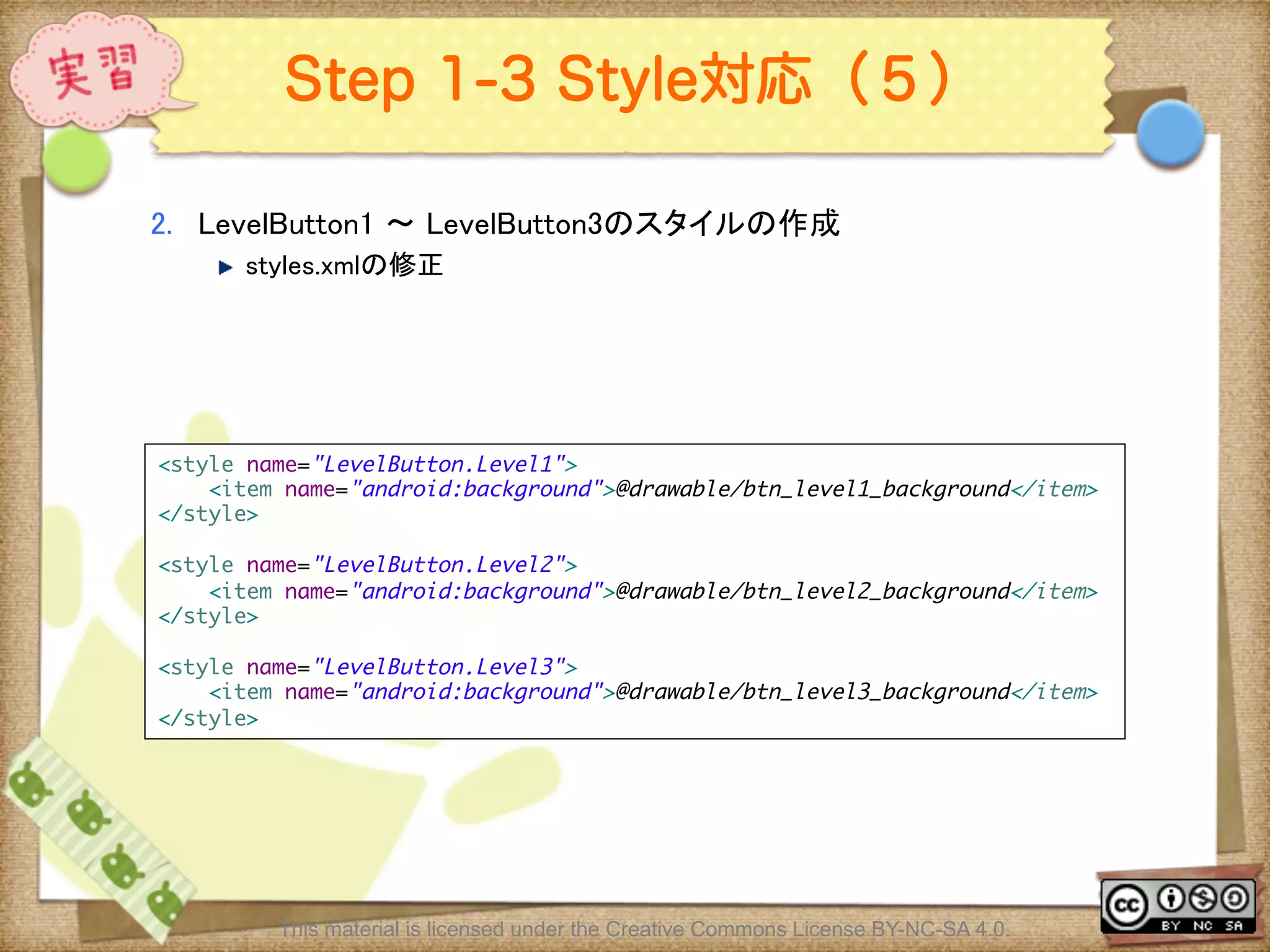 Ⅶ - 307
Step 1-3 Style対応（５）
2.  LevelButton1 〜 LevelButton3のスタイルの作成	
! styles.xmlの修正	
This material is licensed under the Creative Commons License BY-NC-SA 4.0.
<style name="LevelButton.Level1">	
<item name="android:background">@drawable/btn_level1_background</item>	
</style>	
	
<style name="LevelButton.Level2">	
<item name="android:background">@drawable/btn_level2_background</item>	
</style>	
	
<style name="LevelButton.Level3">	
<item name="android:background">@drawable/btn_level3_background</item>	
</style>	
 