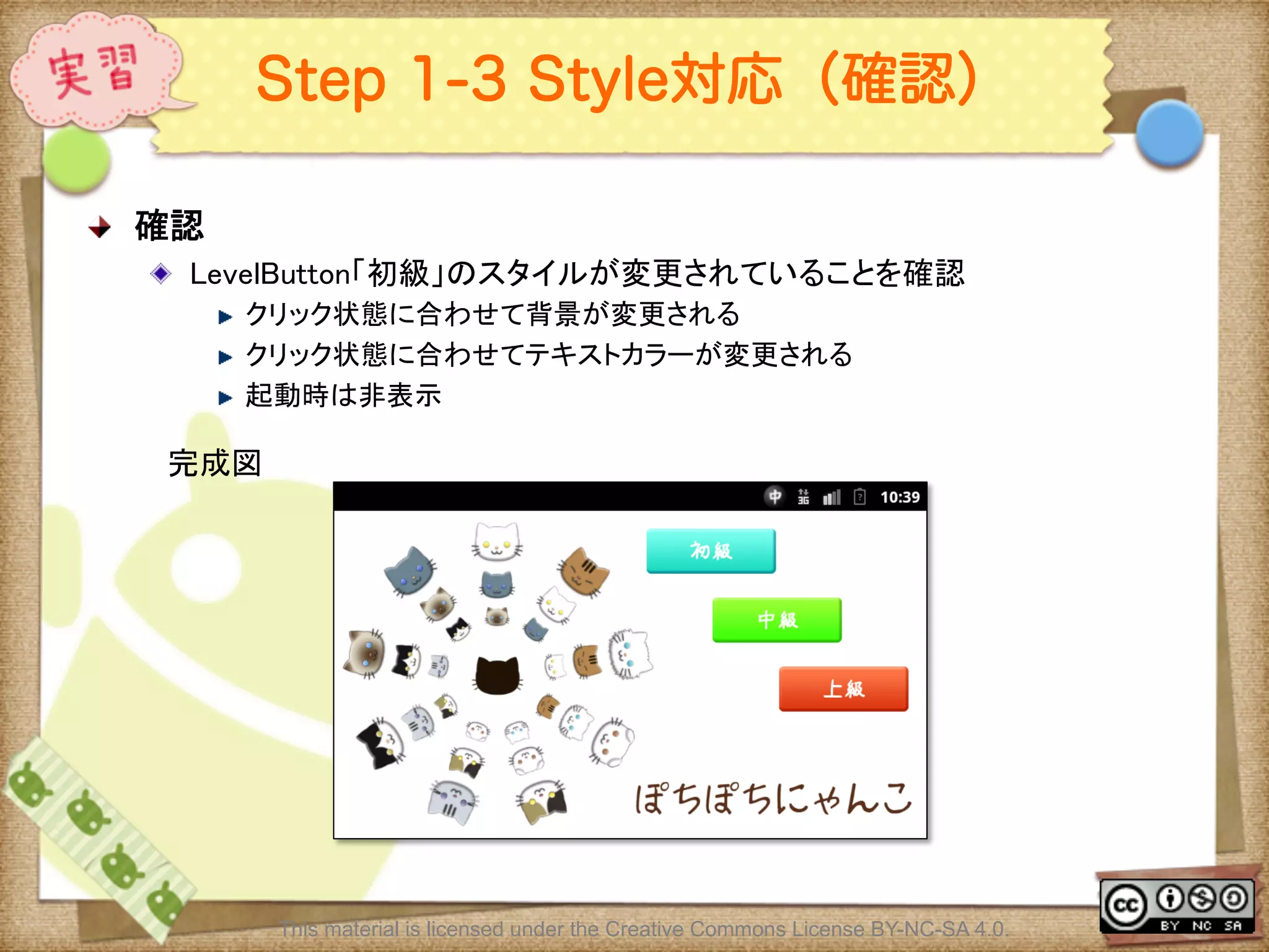 Ⅶ - 309
Step 1-3 Style対応（確認）
! 確認	
! LevelButton「初級」のスタイルが変更されていることを確認	
! クリック状態に合わせて背景が変更される	
! クリック状態に合わせてテキストカラーが変更される	
! 起動時は非表示	
This material is licensed under the Creative Commons License BY-NC-SA 4.0.
完成図	
 