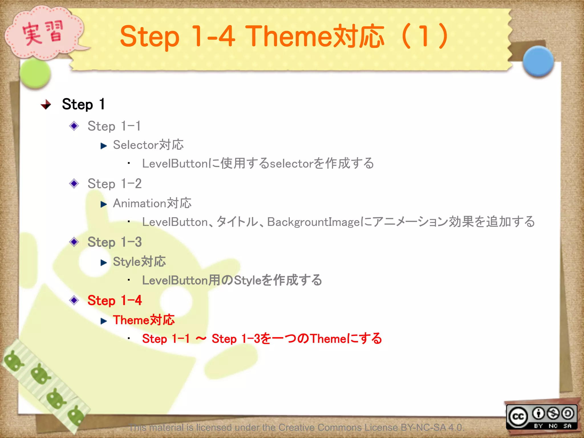 Ⅶ - 311
Step 1-4 Theme対応（１）
! Step 1	
! Step 1-1 	
! Selector対応	
•  LevelButtonに使用するselectorを作成する	
! Step 1-2 	
! Animation対応	
•  LevelButton、タイトル、BackgrountImageにアニメーション効果を追加する	
! Step 1-3 	
! Style対応	
•  LevelButton用のStyleを作成する	
! Step 1-4 	
! Theme対応	
•  Step 1-1 〜 Step 1-3を一つのThemeにする	
This material is licensed under the Creative Commons License BY-NC-SA 4.0.
 