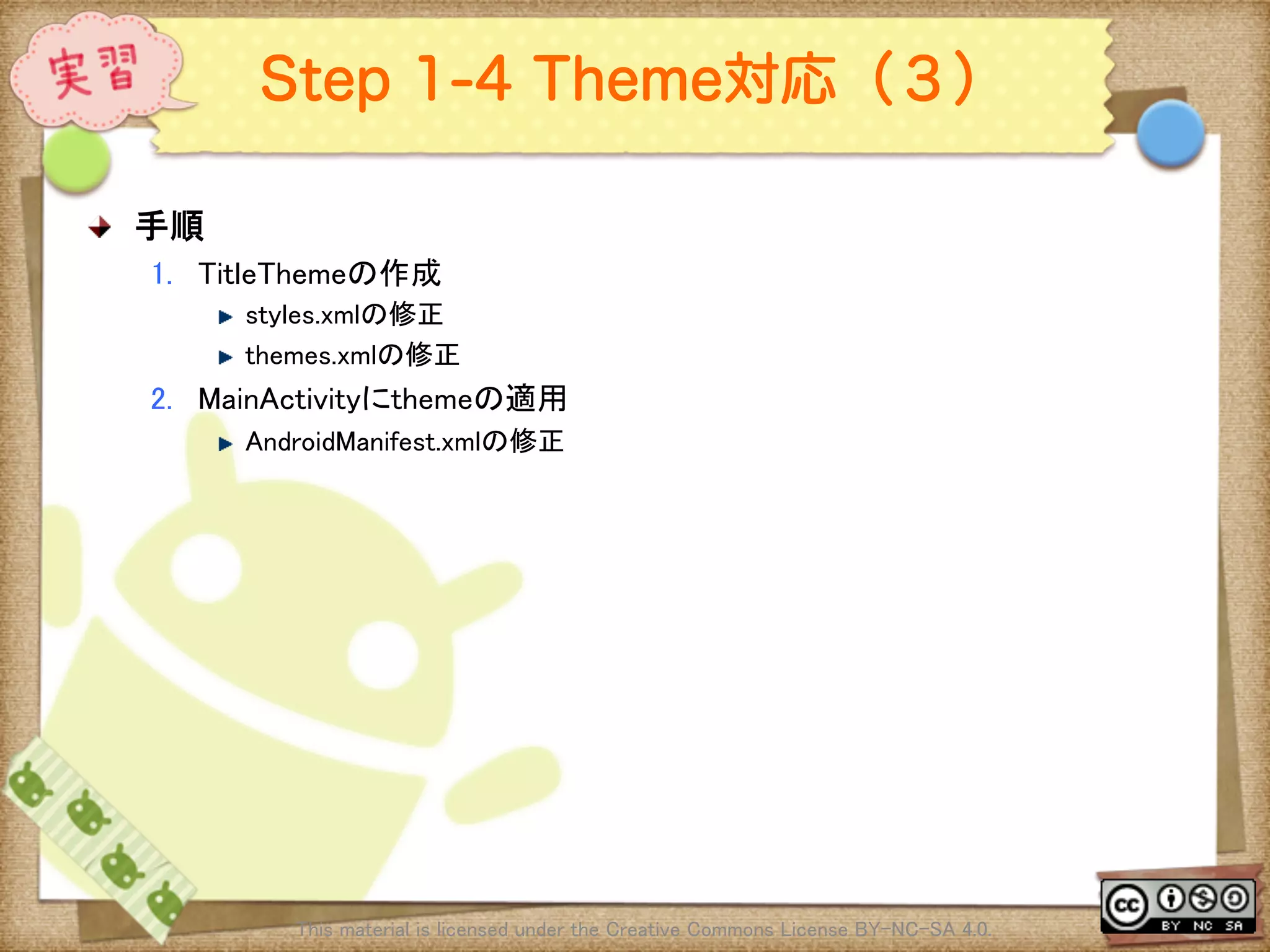 Ⅶ - 313
Step 1-4 Theme対応（３）
! 手順	
1.  TitleThemeの作成	
! styles.xmlの修正	
! themes.xmlの修正	
2.  MainActivityにthemeの適用	
! AndroidManifest.xmlの修正	
This material is licensed under the Creative Commons License BY-NC-SA 4.0. 	
 
