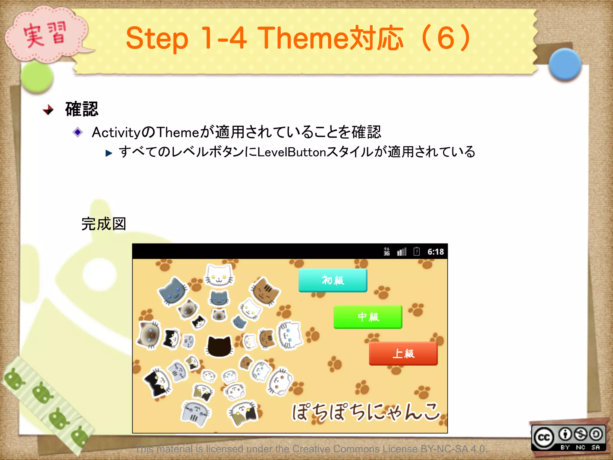 Ⅶ - 317
Step 1-4 Theme対応（６）
! 確認	
! ActivityのThemeが適用されていることを確認	
! すべてのレベルボタンにLevelButtonスタイルが適用されている	
This material is licensed under the Creative Commons License BY-NC-SA 4.0.
完成図	
 