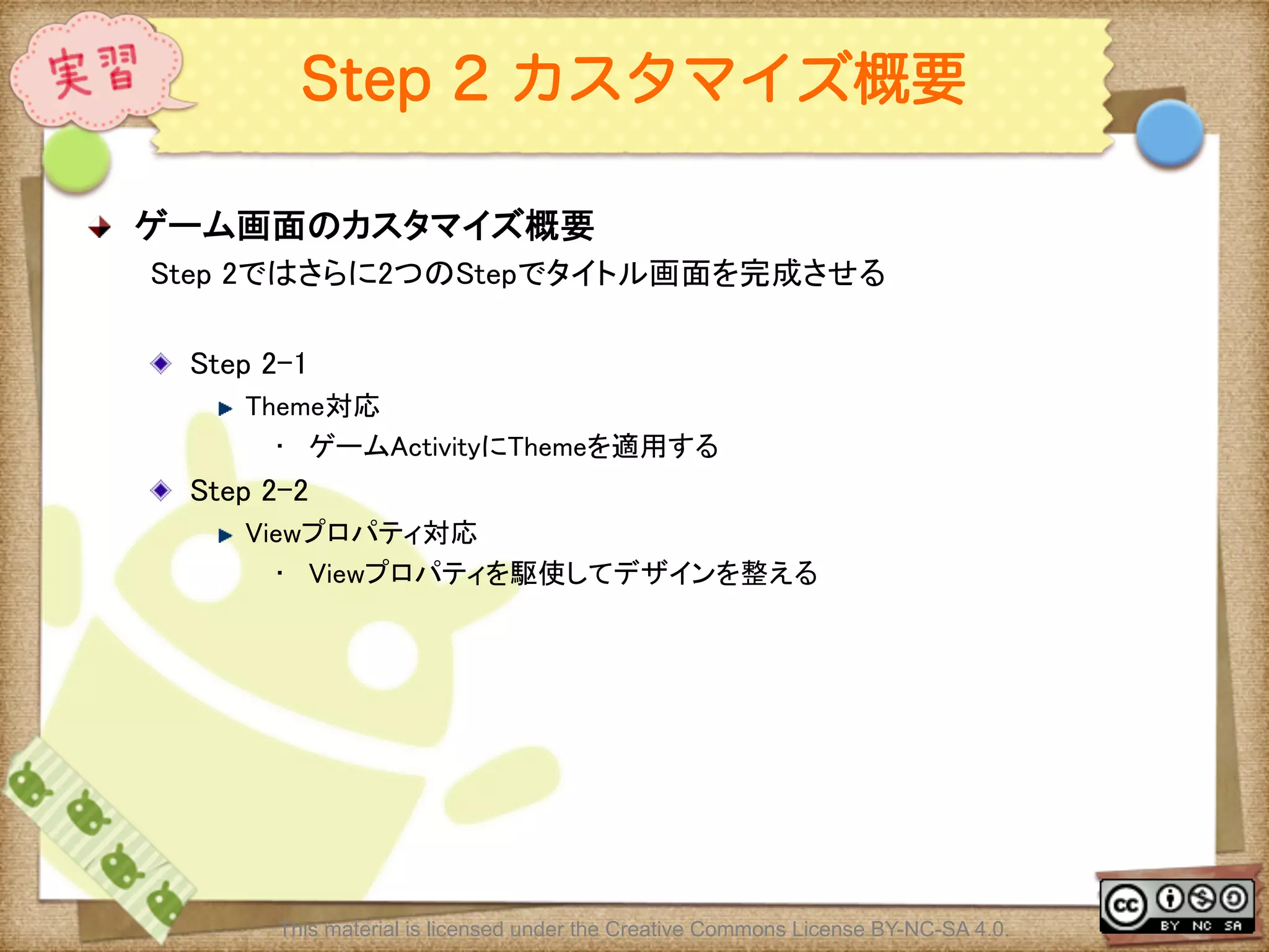 Ⅶ - 319
Step 2 カスタマイズ概要
! ゲーム画面のカスタマイズ概要	
Step 2ではさらに2つのStepでタイトル画面を完成させる	
	
! Step 2-1	
! Theme対応	
•  ゲームActivityにThemeを適用する	
! Step 2-2 	
! Viewプロパティ対応	
•  Viewプロパティを駆使してデザインを整える	
This material is licensed under the Creative Commons License BY-NC-SA 4.0.
 
