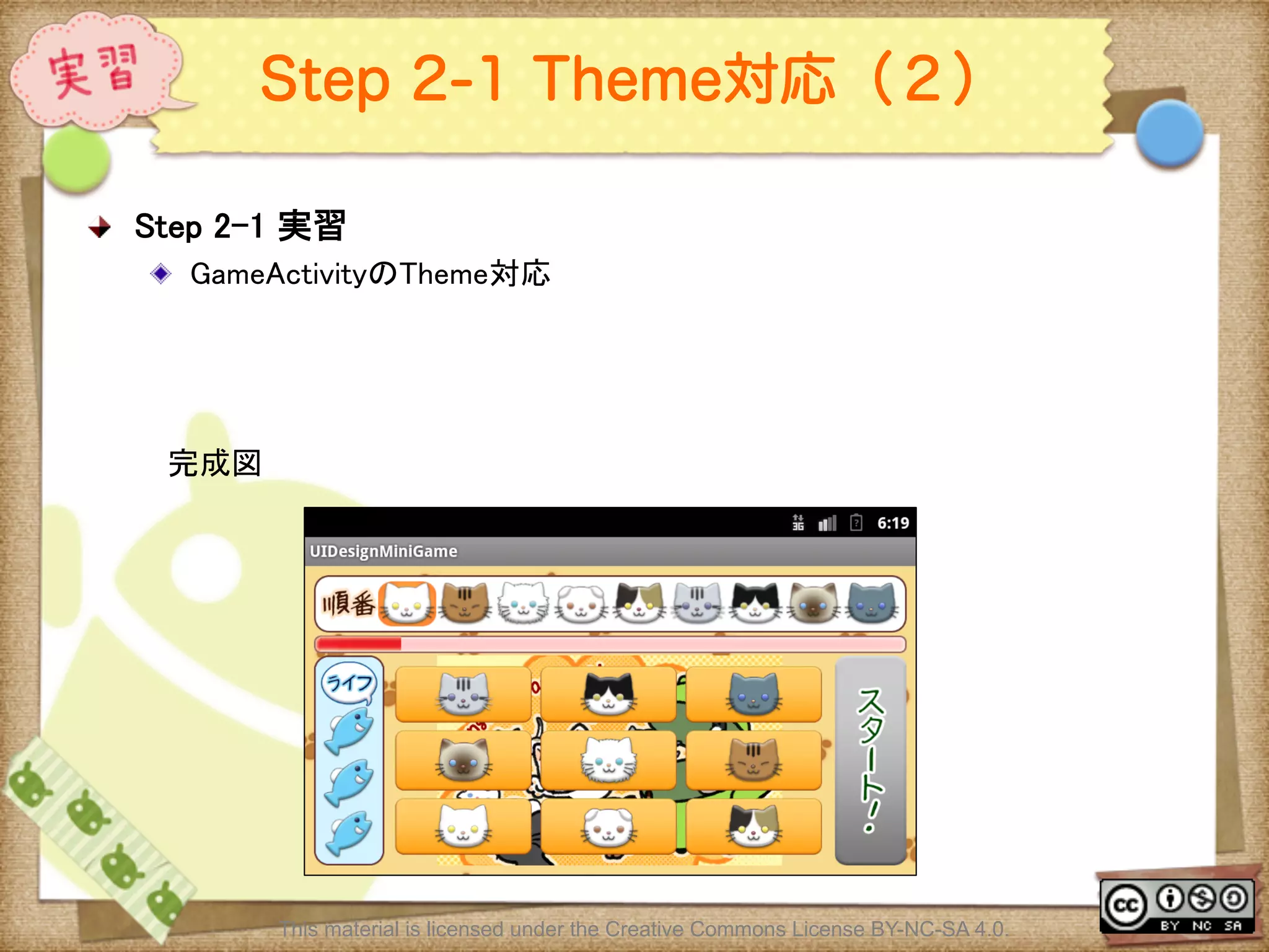 Ⅶ - 322
Step 2-1 Theme対応（２）
! Step 2-1 実習	
! GameActivityのTheme対応	
This material is licensed under the Creative Commons License BY-NC-SA 4.0.
完成図	
 