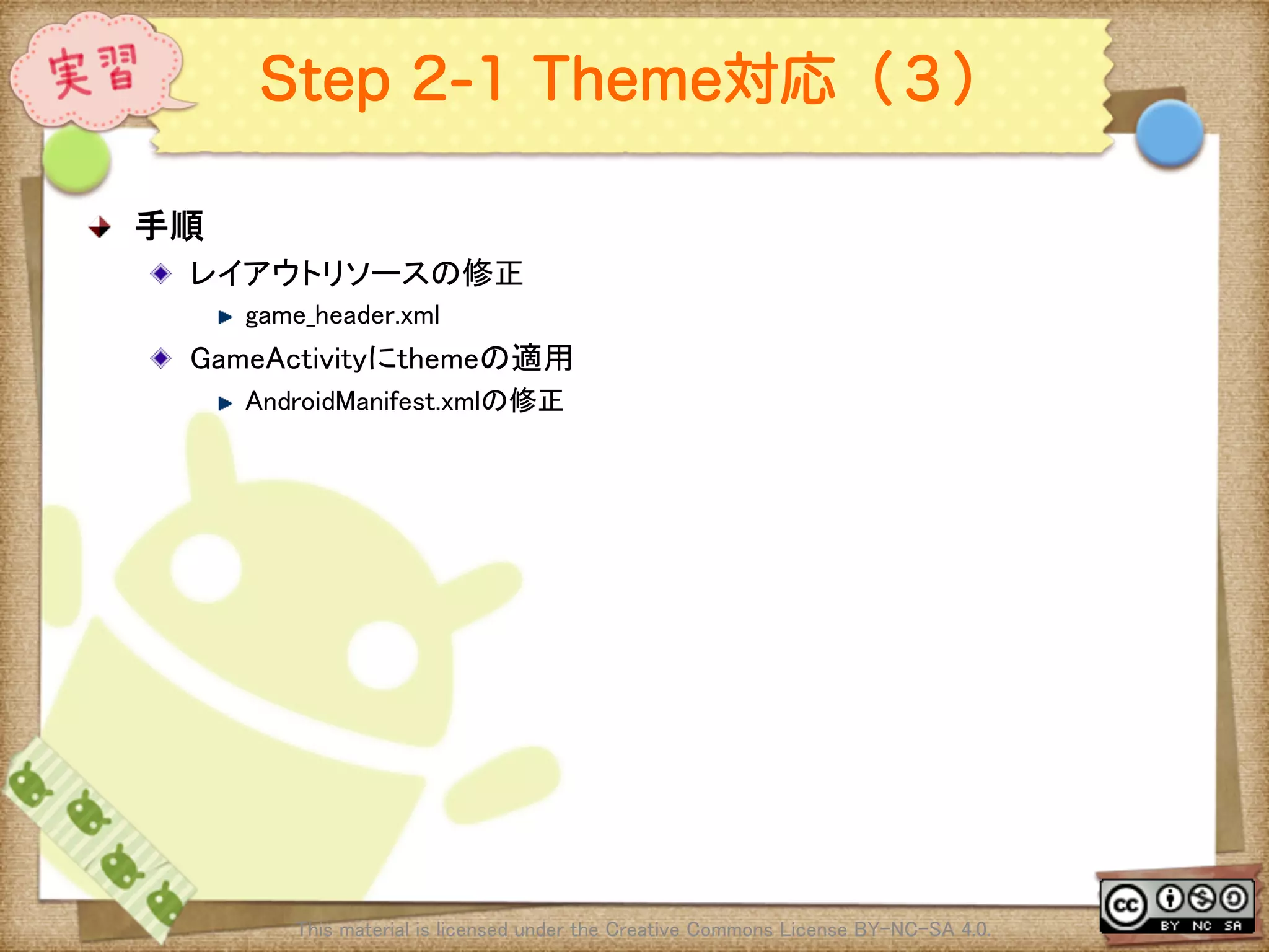 Ⅶ - 323
Step 2-1 Theme対応（３）
! 手順	
! レイアウトリソースの修正	
! game_header.xml	
! GameActivityにthemeの適用	
! AndroidManifest.xmlの修正	
This material is licensed under the Creative Commons License BY-NC-SA 4.0. 	
 
