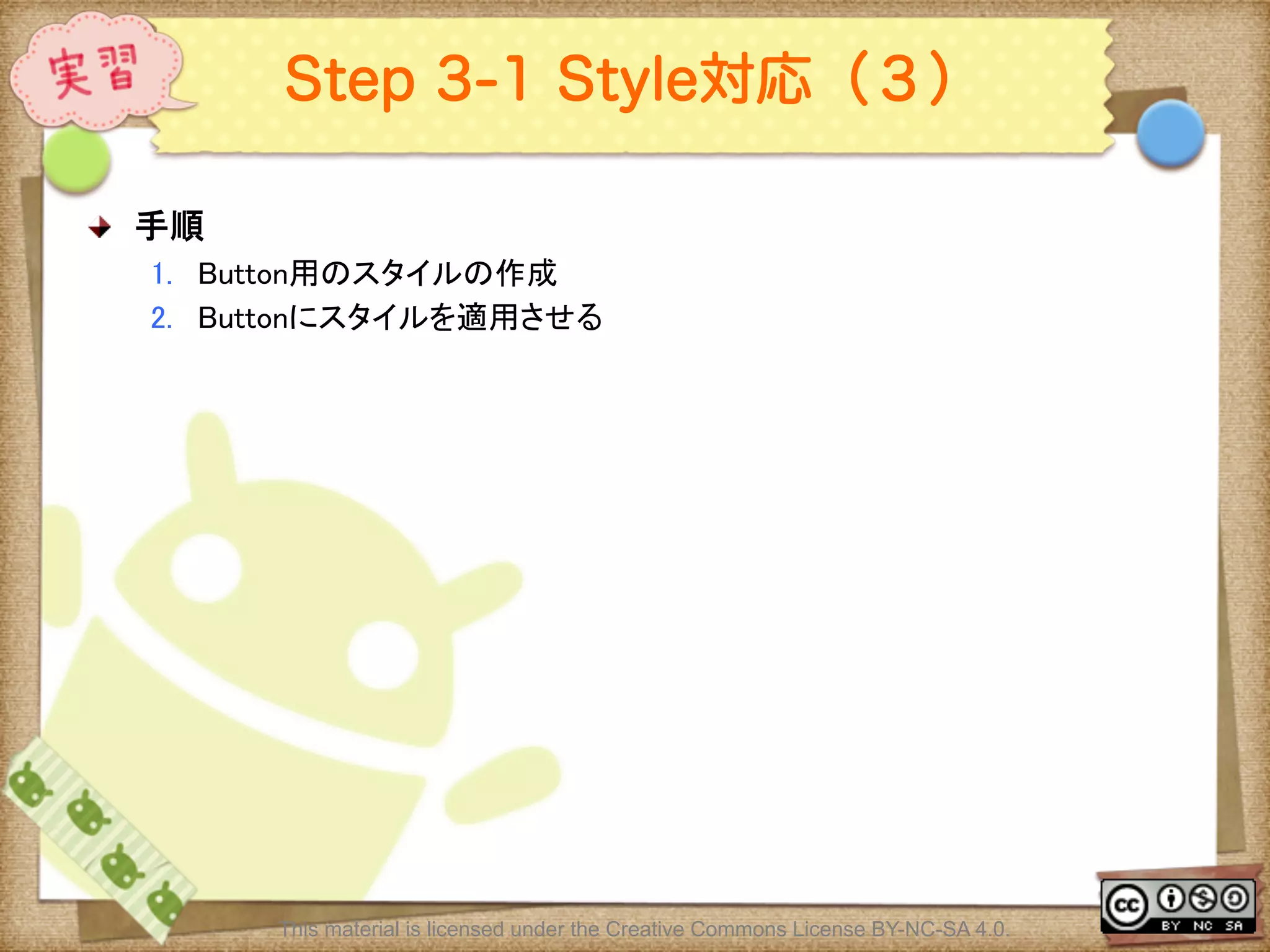Ⅶ - 337
Step 3-1 Style対応（３）
! 手順	
1.  Button用のスタイルの作成	
2.  Buttonにスタイルを適用させる	
This material is licensed under the Creative Commons License BY-NC-SA 4.0.
 