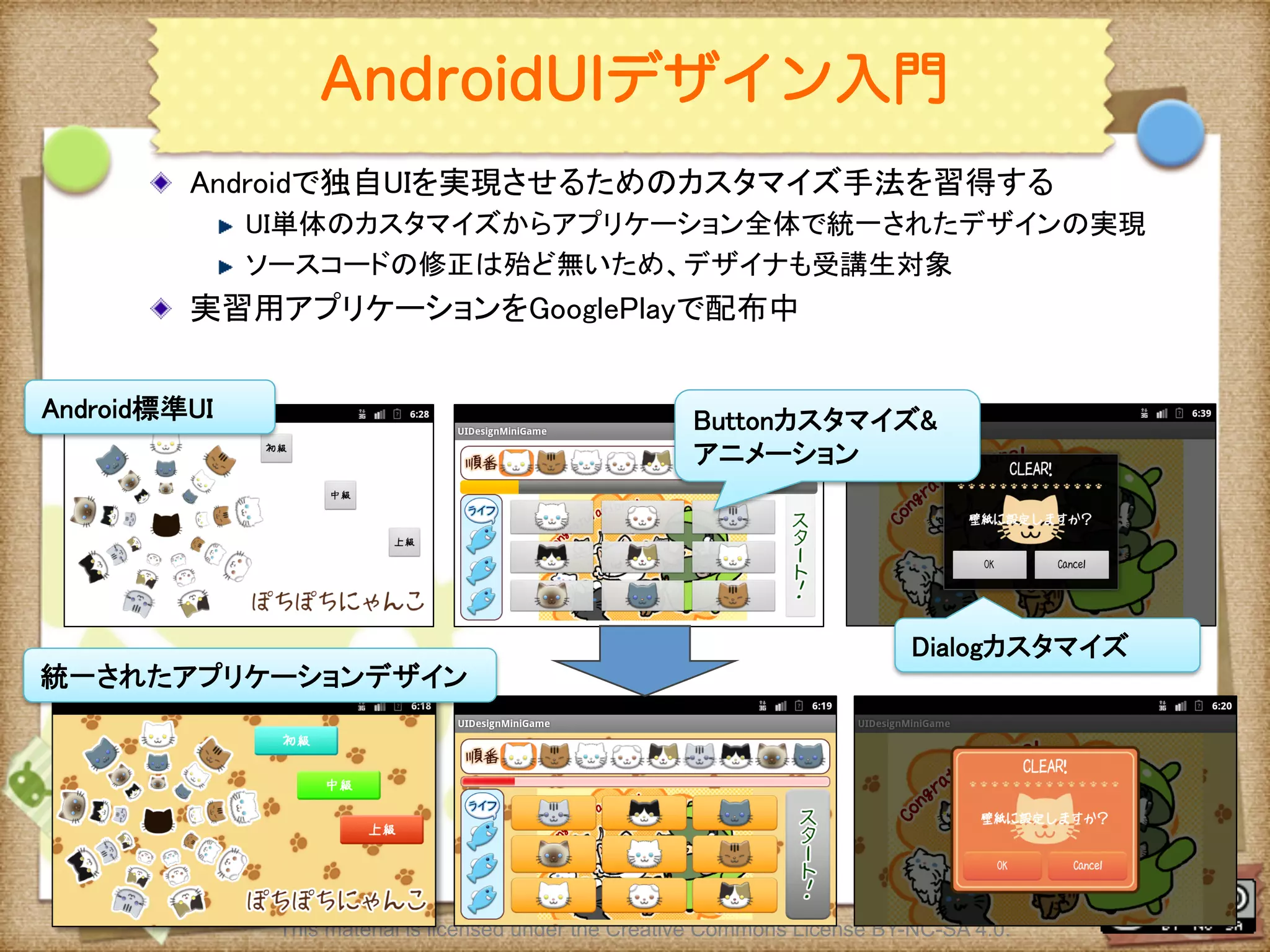 Ⅶ - 360
AndroidUIデザイン入門
! Androidで独自UIを実現させるためのカスタマイズ手法を習得する	
! UI単体のカスタマイズからアプリケーション全体で統一されたデザインの実現	
! ソースコードの修正は殆ど無いため、デザイナも受講生対象	
! 実習用アプリケーションをGooglePlayで配布中	
This material is licensed under the Creative Commons License BY-NC-SA 4.0.
統一されたアプリケーションデザイン	
Buttonカスタマイズ&
アニメーション	
Android標準UI	
Dialogカスタマイズ	
 
