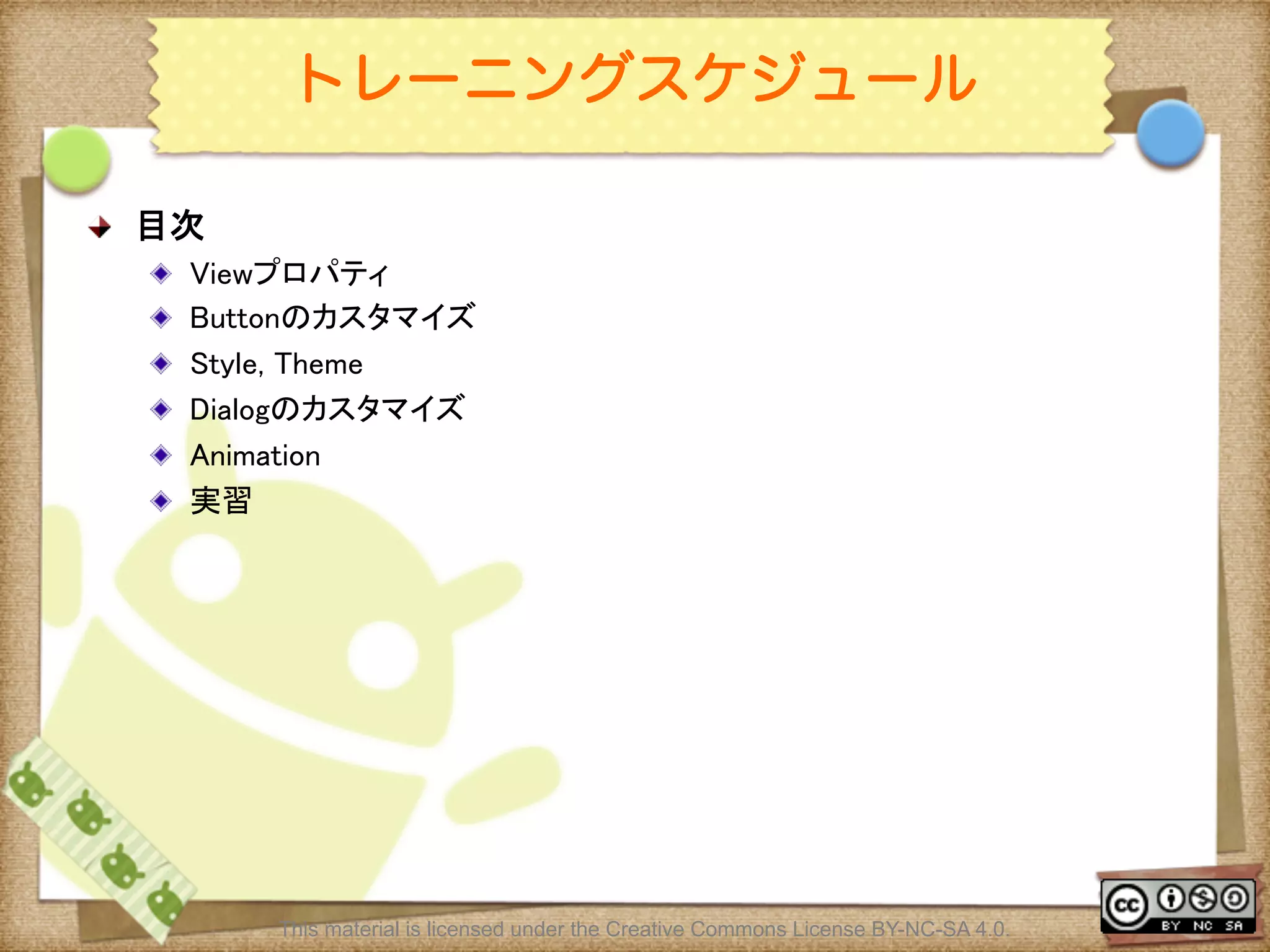 Ⅶ - 4
トレーニングスケジュール
! 目次	
! Viewプロパティ	
! Buttonのカスタマイズ	
! Style, Theme	
! Dialogのカスタマイズ	
! Animation	
! 実習	
This material is licensed under the Creative Commons License BY-NC-SA 4.0.
 