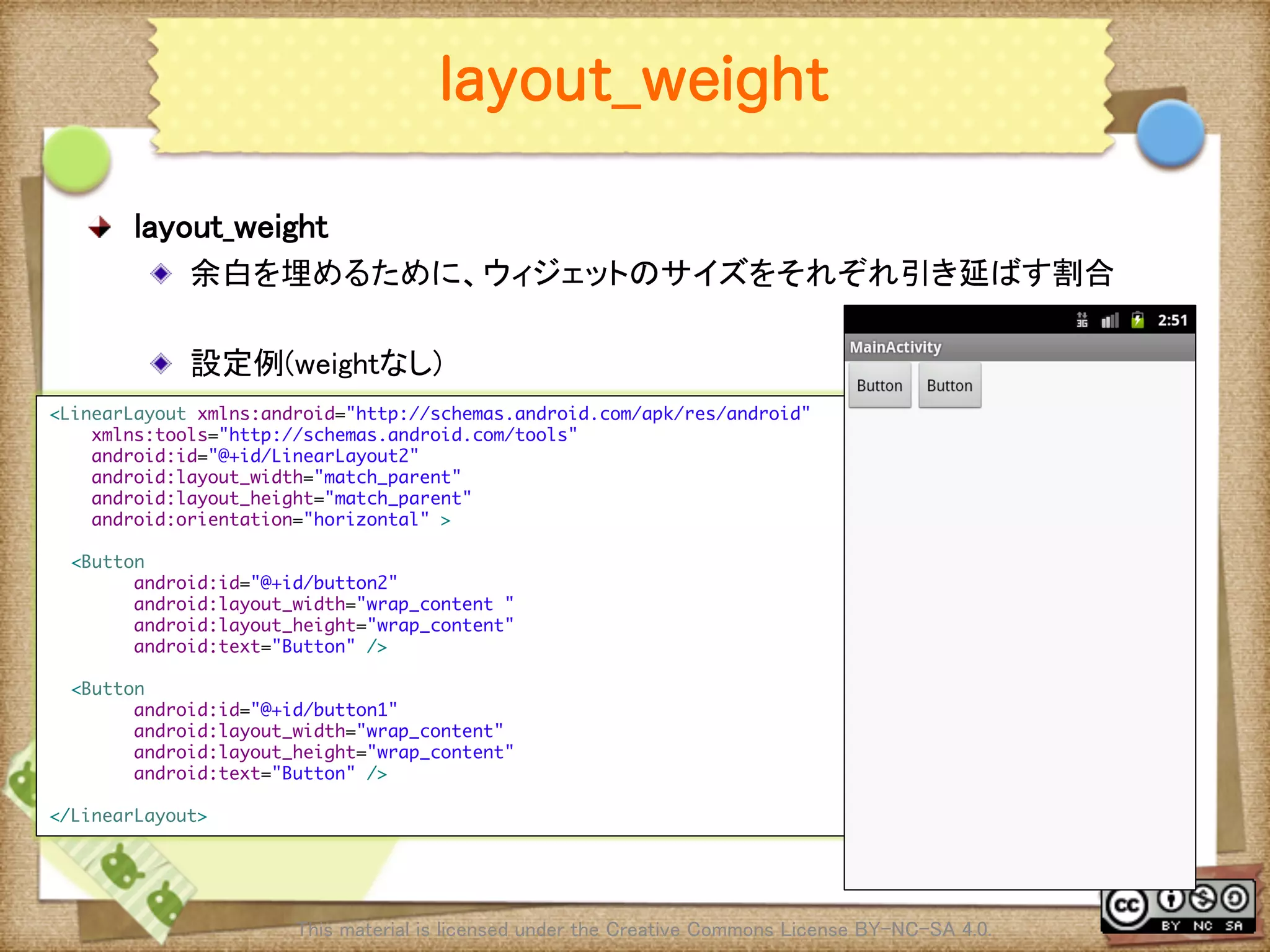Ⅶ - 62
layout_weight
! layout_weight	
! 余白を埋めるために、ウィジェットのサイズをそれぞれ引き延ばす割合	
! 設定例(weightなし)	
This material is licensed under the Creative Commons License BY-NC-SA 4.0. 	
<LinearLayout xmlns:android="http://schemas.android.com/apk/res/android"	
xmlns:tools="http://schemas.android.com/tools"	
android:id="@+id/LinearLayout2"	
android:layout_width="match_parent"	
android:layout_height="match_parent"	
android:orientation="horizontal" >	
	
<Button	
android:id="@+id/button2"	
android:layout_width="wrap_content "	
android:layout_height="wrap_content"	
android:text="Button" />	
	
<Button	
android:id="@+id/button1"	
android:layout_width="wrap_content"	
android:layout_height="wrap_content"	
android:text="Button" />	
	
</LinearLayout>	
 