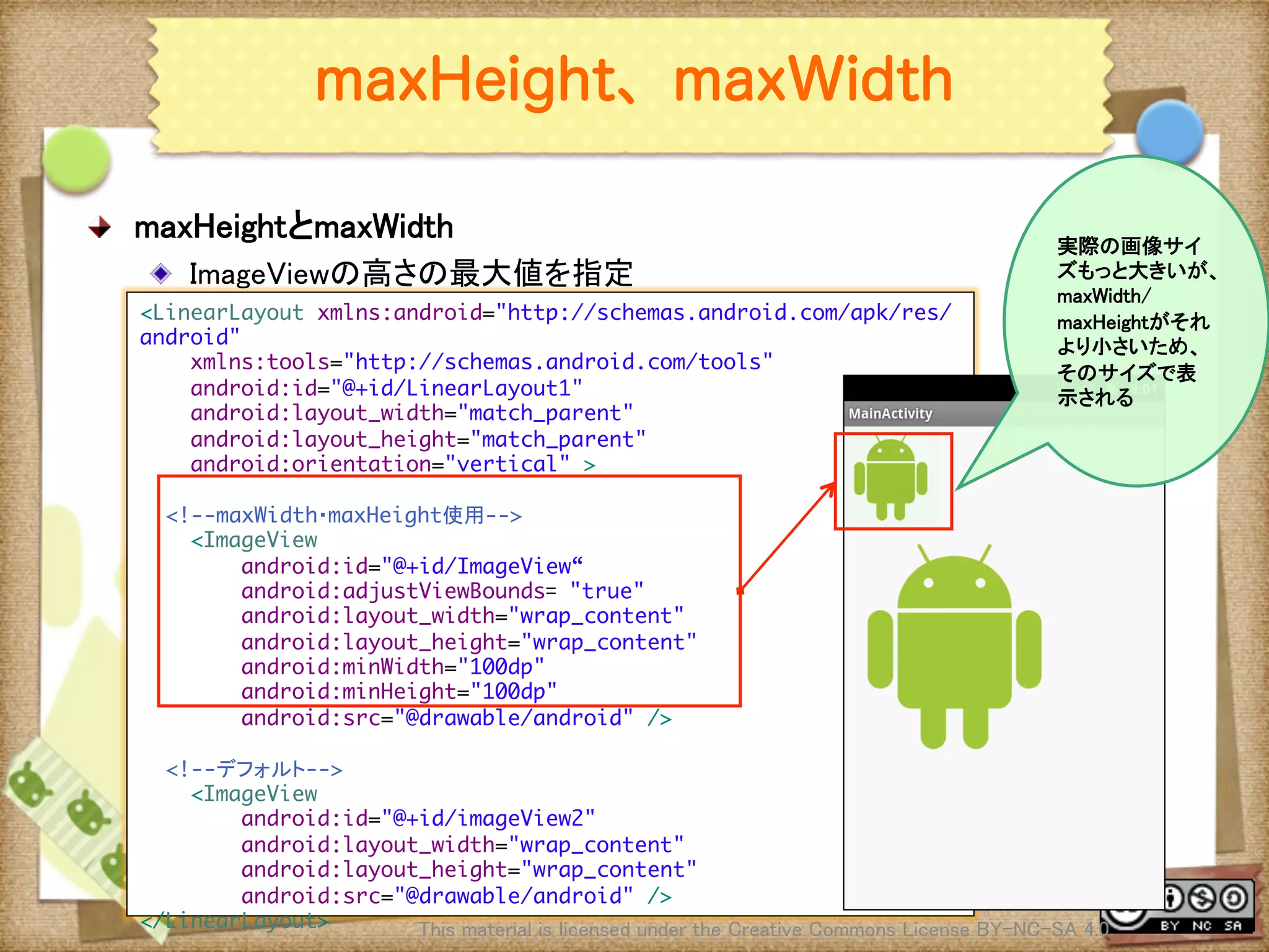 Ⅶ - 71
<LinearLayout xmlns:android="http://schemas.android.com/apk/res/
android"	
xmlns:tools="http://schemas.android.com/tools"	
android:id="@+id/LinearLayout1"	
android:layout_width="match_parent"	
android:layout_height="match_parent"	
android:orientation="vertical" >	
	
<!--maxWidth・maxHeight使用-->	
<ImageView	
android:id="@+id/ImageView“	
android:adjustViewBounds= "true"	
android:layout_width="wrap_content"	
android:layout_height="wrap_content"	
android:minWidth="100dp"	
android:minHeight="100dp"	
android:src="@drawable/android" />	
	
<!--デフォルト-->	
<ImageView	
android:id="@+id/imageView2"	
android:layout_width="wrap_content"	
android:layout_height="wrap_content"	
android:src="@drawable/android" />	
</LinearLayout>	
maxHeight、maxWidth
! maxHeightとmaxWidth	
! ImageViewの高さの最大値を指定	
This material is licensed under the Creative Commons License BY-NC-SA 4.0. 	
実際の画像サイ
ズもっと大きいが、
maxWidth/
maxHeightがそれ
より小さいため、
そのサイズで表
示される	
 