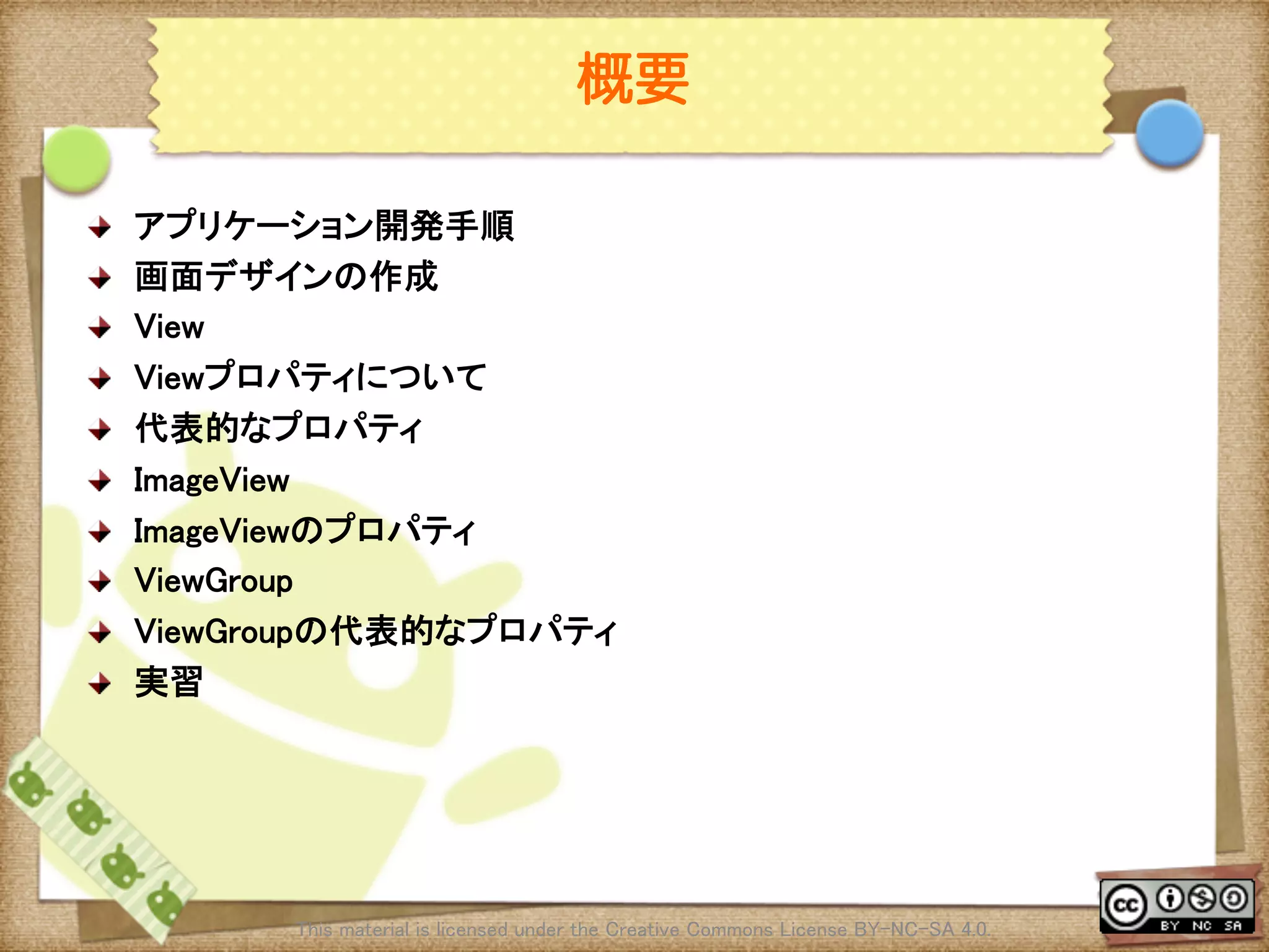 Ⅶ - 8
概要
! アプリケーション開発手順	
! 画面デザインの作成	
! View	
! Viewプロパティについて	
! 代表的なプロパティ	
! ImageView	
! ImageViewのプロパティ	
! ViewGroup	
! ViewGroupの代表的なプロパティ	
! 実習	
This material is licensed under the Creative Commons License BY-NC-SA 4.0. 	
 