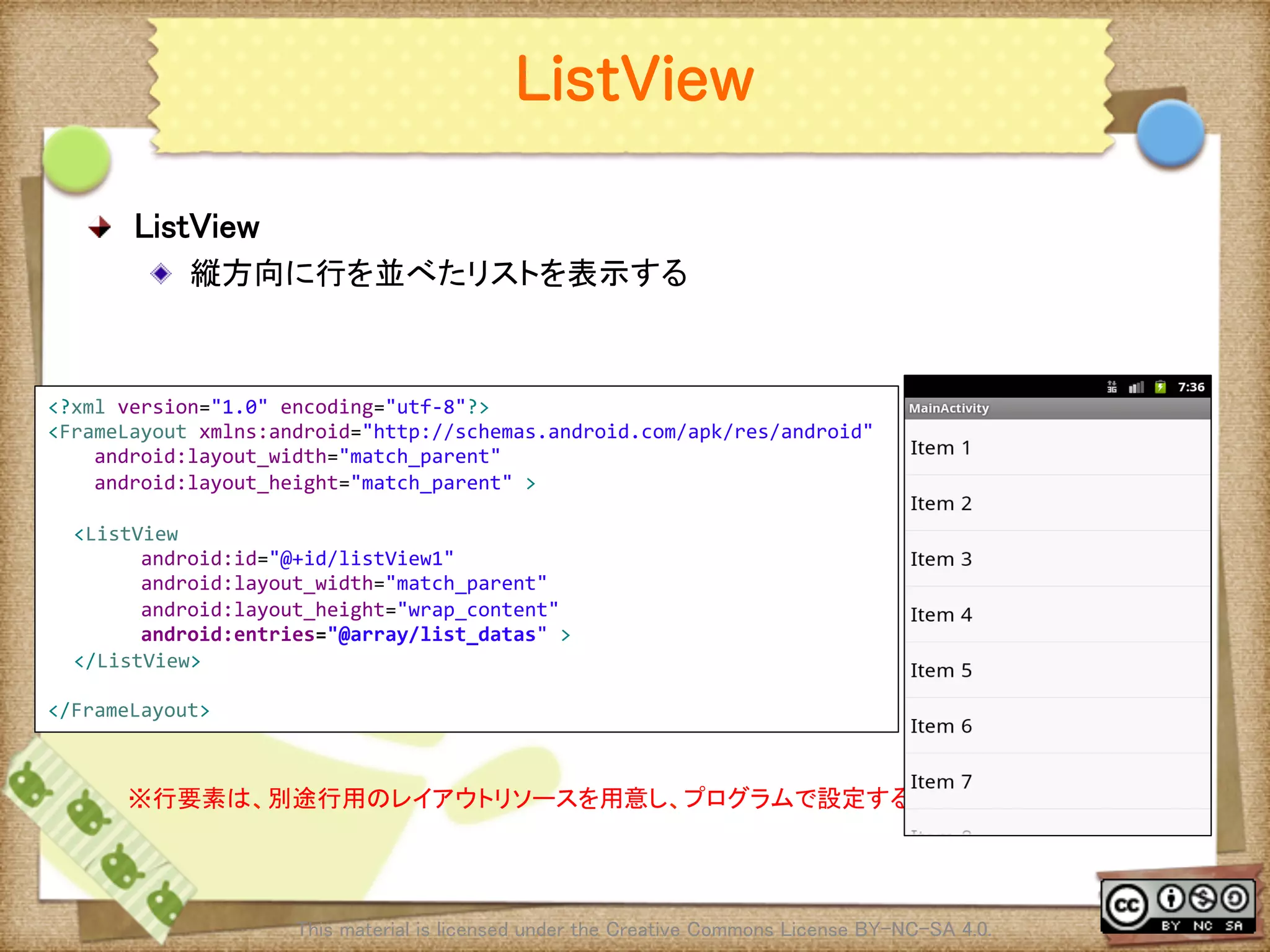 Ⅶ - 83
ListView
! ListView	
! 縦方向に行を並べたリストを表示する	
This material is licensed under the Creative Commons License BY-NC-SA 4.0. 	
※行要素は、別途行用のレイアウトリソースを用意し、プログラムで設定することもできる	
<?xml	
  version="1.0"	
  encoding="utf-­‐8"?>	
  
<FrameLayout	
  xmlns:android="http://schemas.android.com/apk/res/android"	
  
	
  	
  	
  	
  android:layout_width="match_parent"	
  
	
  	
  	
  	
  android:layout_height="match_parent"	
  >	
  
	
<ListView	
  
	
  	
  	
  	
  	
  	
  	
  	
  android:id="@+id/listView1"	
  
	
  	
  	
  	
  	
  	
  	
  	
  android:layout_width="match_parent"	
  
	
  	
  	
  	
  	
  	
  	
  	
  android:layout_height="wrap_content"	
  
	
  	
  	
  	
  	
  	
  	
  	
  android:entries="@array/list_datas"	
  >	
</ListView>	
  
	
</FrameLayout>	
 