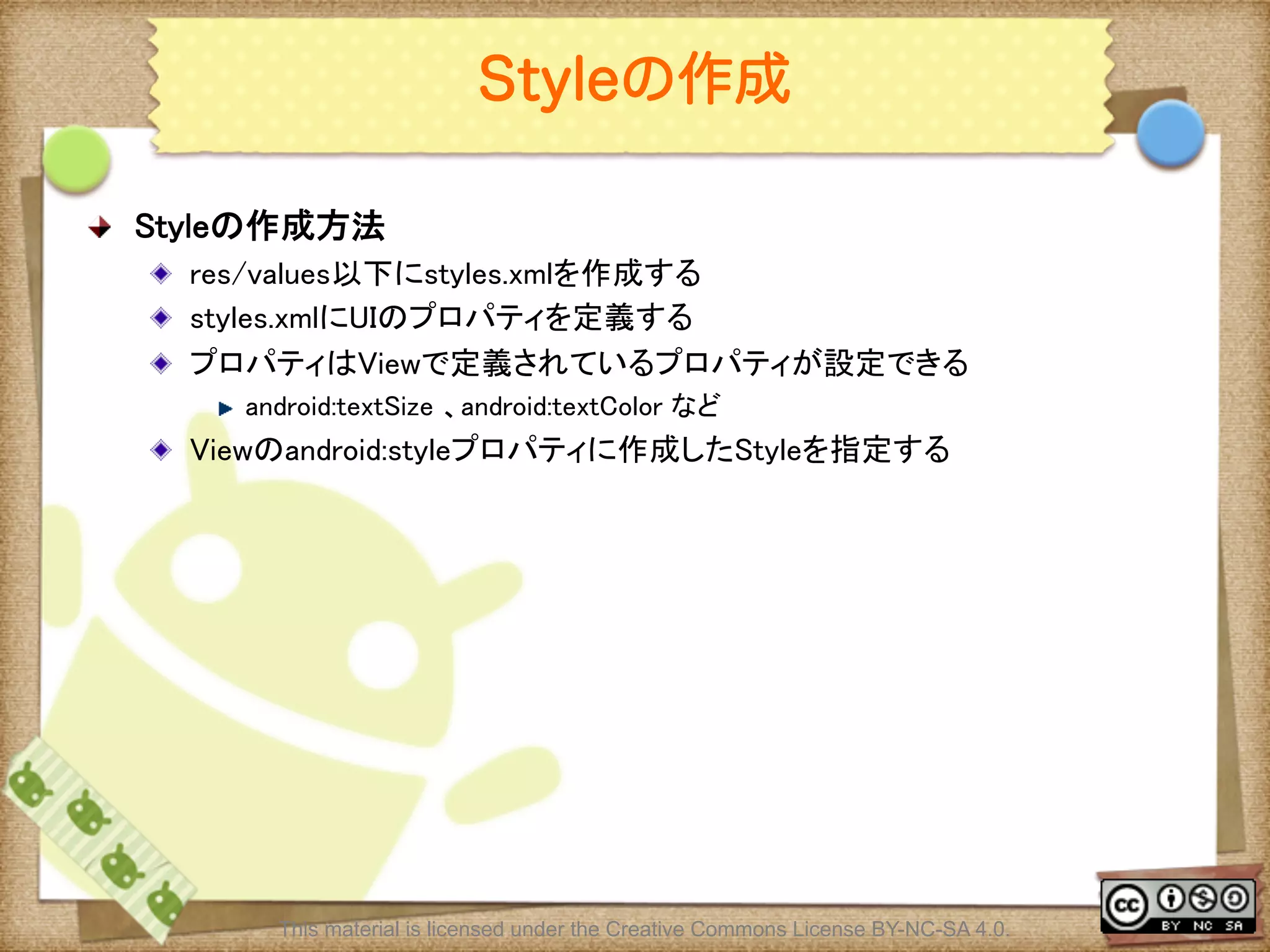 Ⅶ - 97
Styleの作成
! Styleの作成方法	
! res/values以下にstyles.xmlを作成する	
! styles.xmlにUIのプロパティを定義する	
! プロパティはViewで定義されているプロパティが設定できる	
! android:textSize 、android:textColor など	
! Viewのandroid:styleプロパティに作成したStyleを指定する	
This material is licensed under the Creative Commons License BY-NC-SA 4.0.
 