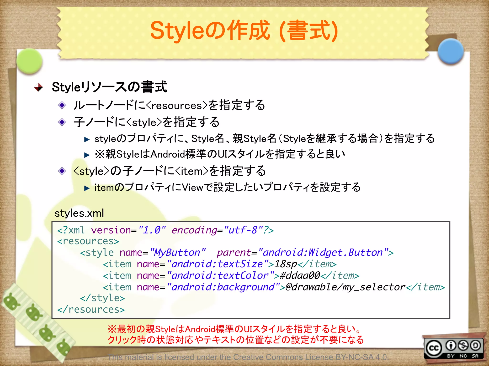 Ⅶ - 98
Styleの作成 (書式)
! Styleリソースの書式	
! ルートノードに<resources>を指定する	
! 子ノードに<style>を指定する	
! styleのプロパティに、Style名、親Style名（Styleを継承する場合）を指定する	
! ※親StyleはAndroid標準のUIスタイルを指定すると良い	
! <style>の子ノードに<item>を指定する	
! itemのプロパティにViewで設定したいプロパティを設定する	
	
<?xml version="1.0" encoding="utf-8"?>	
<resources>	
<style name="MyButton" parent="android:Widget.Button">	
<item name="android:textSize">18sp</item>	
<item name="android:textColor">#ddaa00</item>	
<item name="android:background">@drawable/my_selector</item>	
</style>	
</resources>	
styles.xml	
※最初の親StyleはAndroid標準のUIスタイルを指定すると良い。	
クリック時の状態対応やテキストの位置などの設定が不要になる	
This material is licensed under the Creative Commons License BY-NC-SA 4.0.
 