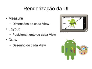 Renderização da UI
● Measure
– Dimensões de cada View
● Layout
– Posicionamento de cada View
● Draw
– Desenho de cada View
 