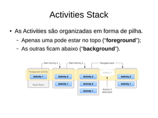 Activities Stack
● As Activities são organizadas em forma de pilha.
– Apenas uma pode estar no topo (“foreground”);
– As outras ficam abaixo (“background”).
 