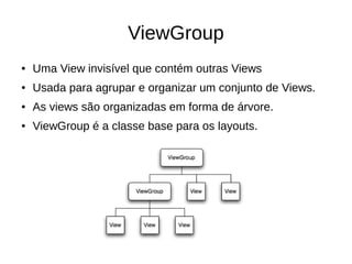 ViewGroup
● Uma View invisível que contém outras Views
● Usada para agrupar e organizar um conjunto de Views.
● As views são organizadas em forma de árvore.
● ViewGroup é a classe base para os layouts.
 