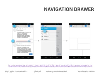 NAVIGATION DRAWER

http://developer.android.com/training/implementing-navigation/nav-drawer.html
http://gplus.to/antonioleiva

@lime_cl

contact@antonioleiva.com

Antonio Leiva Gordillo

 