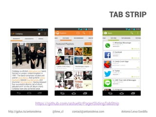 TAB STRIP

https://github.com/astuetz/PagerSlidingTabStrip
http://gplus.to/antonioleiva

@lime_cl

contact@antonioleiva.com

Antonio Leiva Gordillo

 