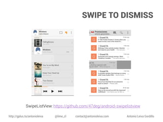 SWIPE TO DISMISS

SwipeListView: https://github.com/47deg/android-swipelistview
http://gplus.to/antonioleiva

@lime_cl

contact@antonioleiva.com

Antonio Leiva Gordillo

 