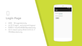 Place your screenshot here
Login Page
▸ 啟動一個 LoginActivity
▸ UI 使用 login_activity.xml layout
▸ 點擊登入button跳轉 MainActivity
▸ 使用 intent extra 將使用者的名字
帶給MainActivity
 