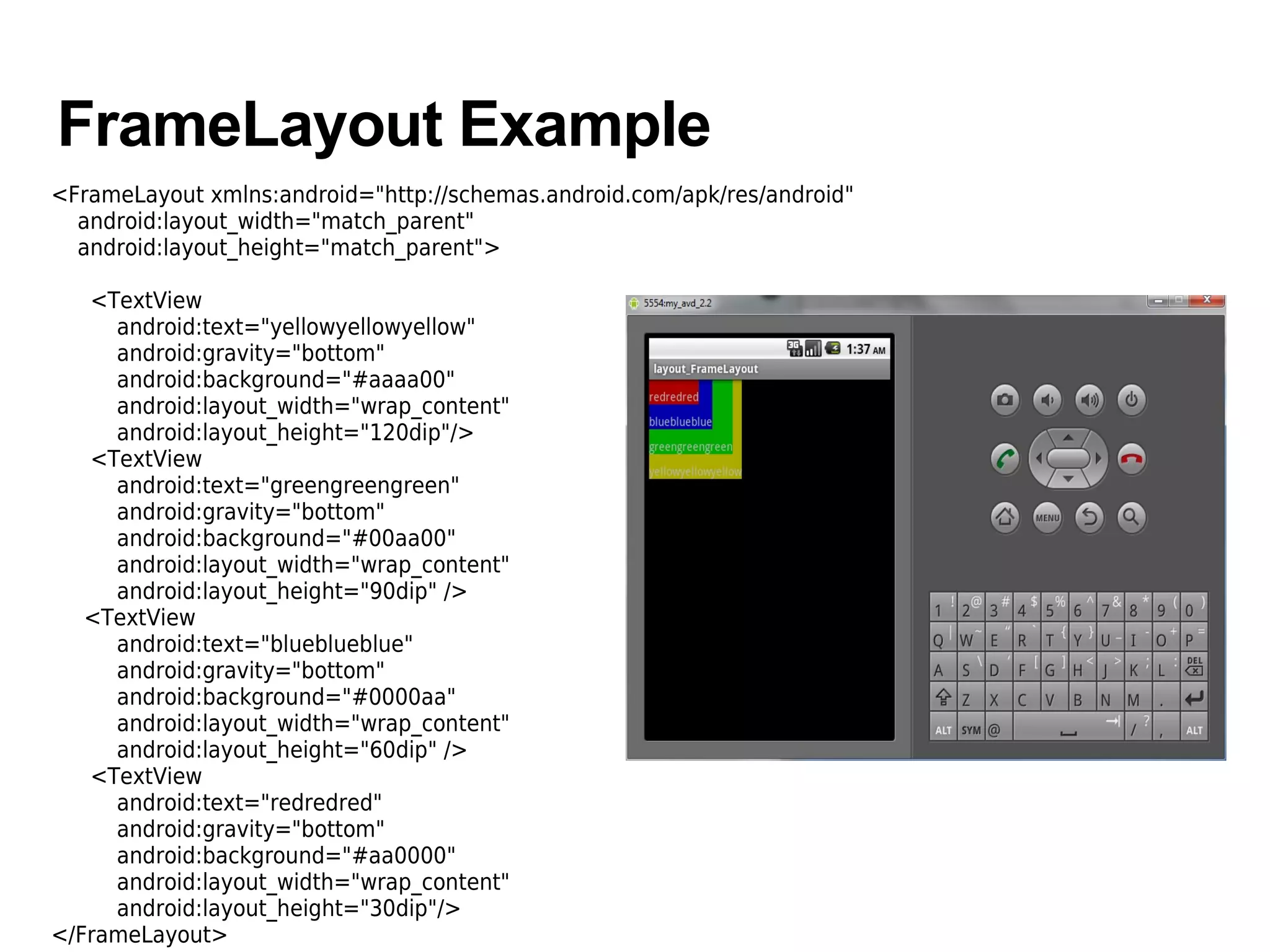 FrameLayout Example
<FrameLayout xmlns:android="http://schemas.android.com/apk/res/android"
android:layout_width="match_parent"
android:layout_height="match_parent">
<TextView
android:text="yellowyellowyellow"
android:gravity="bottom"
android:background="#aaaa00"
android:layout_width="wrap_content"
android:layout_height="120dip"/>
<TextView
android:text="greengreengreen"
android:gravity="bottom"
android:background="#00aa00"
android:layout_width="wrap_content"
android:layout_height="90dip" />
<TextView
android:text="blueblueblue"
android:gravity="bottom"
android:background="#0000aa"
android:layout_width="wrap_content"
android:layout_height="60dip" />
<TextView
android:text="redredred"
android:gravity="bottom"
android:background="#aa0000"
android:layout_width="wrap_content"
android:layout_height="30dip"/>
</FrameLayout>
 