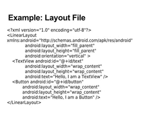 Example: Layout File
<?xml version="1.0" encoding="utf-8"?>
<LinearLayout
xmlns:android="http://schemas.android.com/apk/res/android"
android:layout_width="fill_parent"
android:layout_height="fill_parent"
android:orientation="vertical" >
<TextView android:id="@+id/text"
android:layout_width="wrap_content"
android:layout_height="wrap_content"
android:text="Hello, I am a TextView" />
<Button android:id="@+id/button"
android:layout_width="wrap_content"
android:layout_height="wrap_content"
android:text="Hello, I am a Button" />
</LinearLayout>
 