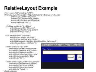 RelativeLayout Example
<?xml version="1.0" encoding="utf-8"?>
<RelativeLayout xmlns:android="http://schemas.android.com/apk/res/android
android:layout_width="fill_parent"
android:layout_height="wrap_content"
android:background="@drawable/blue"
android:padding="10px" >
<TextView android:id="@+id/label"
android:layout_width="fill_parent"
android:layout_height="wrap_content"
android:text="Type here:" />
<EditText android:id="@+id/entry"
android:layout_width="fill_parent"
android:layout_height="wrap_content"
android:background="@android:drawable/editbox_background"
android:layout_below="@id/label" />
<Button android:id="@+id/ok"
android:layout_width="wrap_content"
android:layout_height="wrap_content"
android:layout_below="@id/entry"
android:layout_alignParentRight="true"
android:layout_marginLeft="10px"
android:text="OK" />
<Button android:layout_width="wrap_content"
android:layout_height="wrap_content"
android:layout_toLeftOf="@id/ok"
android:layout_alignTop="@id/ok"
android:text="Cancel" />
</RelativeLayout>
 