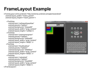 FrameLayout Example
<FrameLayout xmlns:android="http://schemas.android.com/apk/res/android"
android:layout_width="match_parent"
android:layout_height="match_parent">
<TextView
android:text="yellowyellowyellow"
android:gravity="bottom"
android:background="#aaaa00"
android:layout_width="wrap_content"
android:layout_height="120dip"/>
<TextView
android:text="greengreengreen"
android:gravity="bottom"
android:background="#00aa00"
android:layout_width="wrap_content"
android:layout_height="90dip" />
<TextView
android:text="blueblueblue"
android:gravity="bottom"
android:background="#0000aa"
android:layout_width="wrap_content"
android:layout_height="60dip" />
<TextView
android:text="redredred"
android:gravity="bottom"
android:background="#aa0000"
android:layout_width="wrap_content"
android:layout_height="30dip"/>
</FrameLayout>
 