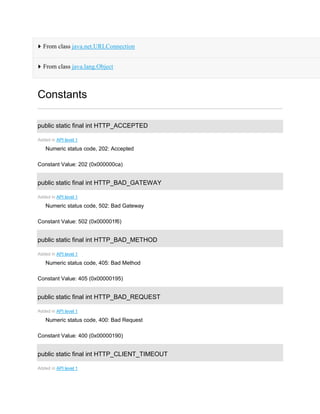 From class java.net.URLConnection
From class java.lang.Object
Constants
public static final int HTTP_ACCEPTED
Added in API level 1
Numeric status code, 202: Accepted
Constant Value: 202 (0x000000ca)
public static final int HTTP_BAD_GATEWAY
Added in API level 1
Numeric status code, 502: Bad Gateway
Constant Value: 502 (0x000001f6)
public static final int HTTP_BAD_METHOD
Added in API level 1
Numeric status code, 405: Bad Method
Constant Value: 405 (0x00000195)
public static final int HTTP_BAD_REQUEST
Added in API level 1
Numeric status code, 400: Bad Request
Constant Value: 400 (0x00000190)
public static final int HTTP_CLIENT_TIMEOUT
Added in API level 1
 