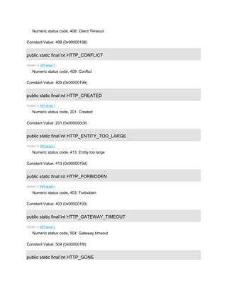 Numeric status code, 408: Client Timeout
Constant Value: 408 (0x00000198)
public static final int HTTP_CONFLICT
Added in API level 1
Numeric status code, 409: Conflict
Constant Value: 409 (0x00000199)
public static final int HTTP_CREATED
Added in API level 1
Numeric status code, 201: Created
Constant Value: 201 (0x000000c9)
public static final int HTTP_ENTITY_TOO_LARGE
Added in API level 1
Numeric status code, 413: Entity too large
Constant Value: 413 (0x0000019d)
public static final int HTTP_FORBIDDEN
Added in API level 1
Numeric status code, 403: Forbidden
Constant Value: 403 (0x00000193)
public static final int HTTP_GATEWAY_TIMEOUT
Added in API level 1
Numeric status code, 504: Gateway timeout
Constant Value: 504 (0x000001f8)
public static final int HTTP_GONE
 