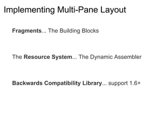 Implementing Multi-Pane Layout

  Fragments... The Building Blocks



  The Resource System... The Dynamic Assembler



  Backwards Compatibility Library... support 1.6+
 