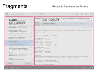 Fragments                  Reusable Section of an Activity




  Master          Detail Fragment
  List Fragment
 