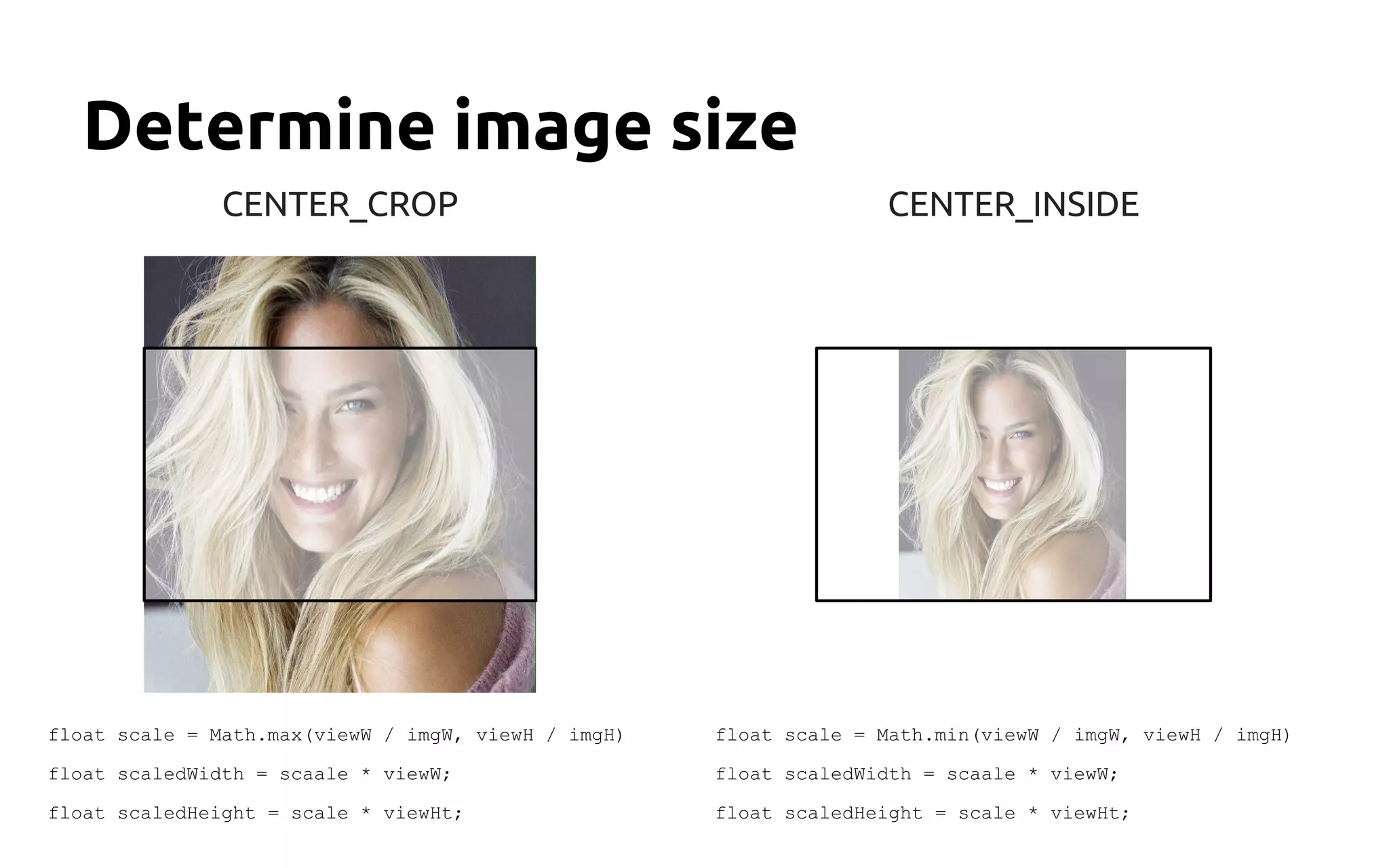 Determine image size
CENTER_CROP
float scale = Math.max(viewW / imgW, viewH / imgH)
float scaledWidth = scaale * viewW;
float scaledHeight = scale * viewHt;
CENTER_INSIDE
float scale = Math.min(viewW / imgW, viewH / imgH)
float scaledWidth = scaale * viewW;
float scaledHeight = scale * viewHt;
 