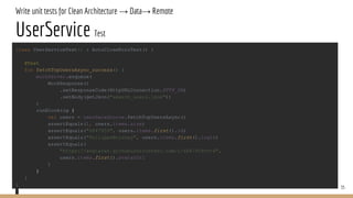 Write unit tests for Clean Architecture → Data→ Remote
UserService Test
35
class UserServiceTest() : AutoCloseKoinTest() {
@Test
fun fetchTopUsersAsync_success() {
mockServer.enqueue(
MockResponse()
.setResponseCode(HttpURLConnection.HTTP_OK)
.setBody(getJson("search_users.json"))
)
runBlocking {
val users = userDataSource.fetchTopUsersAsync()
assertEquals(1, users.items.size)
assertEquals("6847959", users.items.first().id)
assertEquals("PhilippeBoisney", users.items.first().login)
assertEquals(
"https://avatars0.githubusercontent.com/u/6847959?v=4",
users.items.first().avatarUrl
)
}
}
}
 